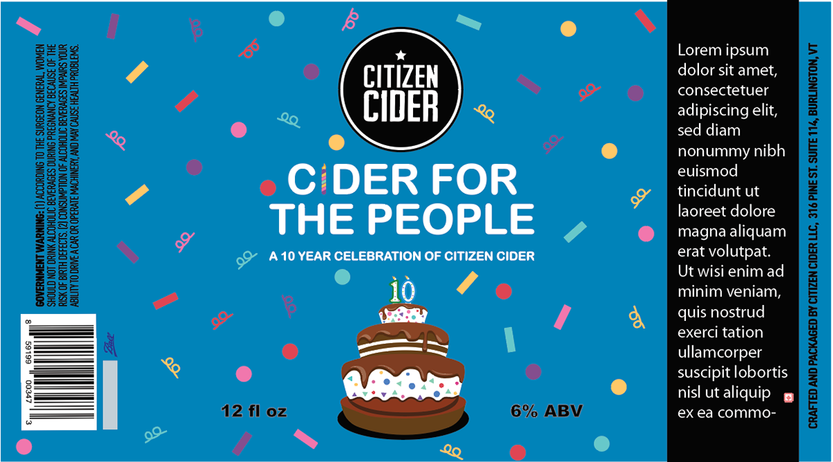 Lorem Ipsom text is used as a placeholder for the cider ingredients/cider description