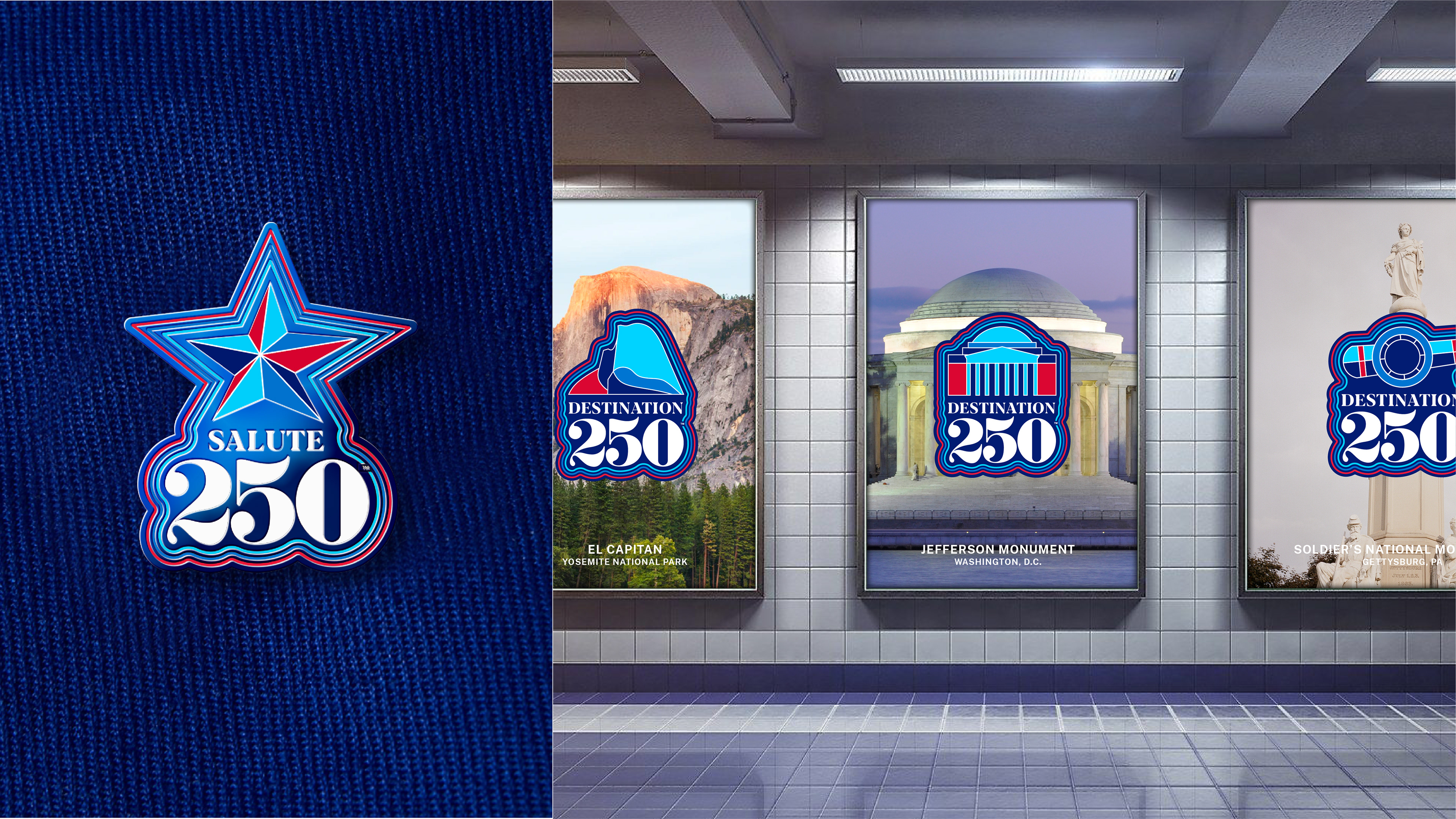 Example pin and poster designs for Salute250 and Destination250