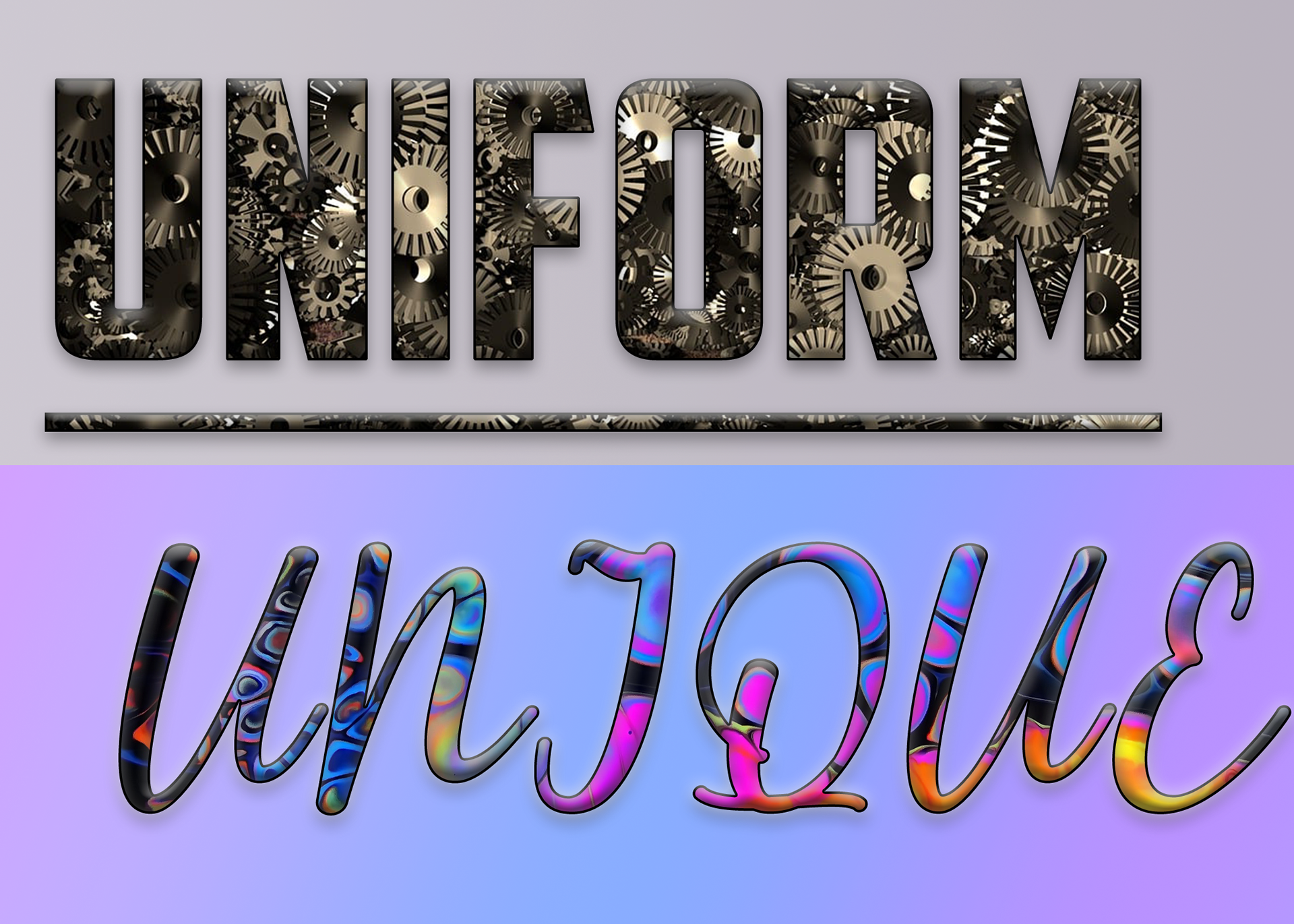 Typography Assignment – Raster Imaging, Spring 2023 The goal was to use Adobe Photoshop and create interesting compositions of the words “Uniform” and “Unique”.