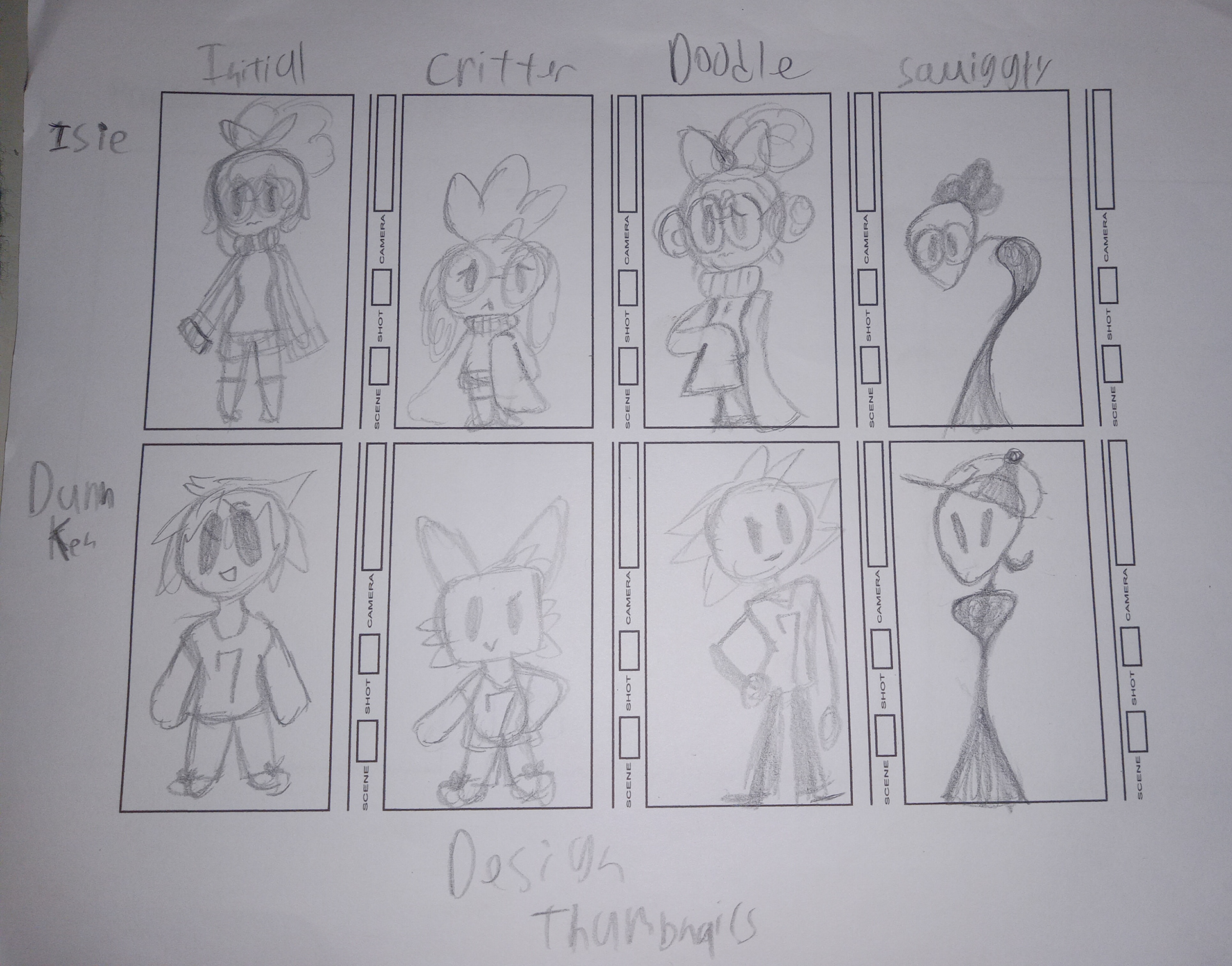 My initial thumbnail sketches for my characters "Ipsie" and "Dunken"