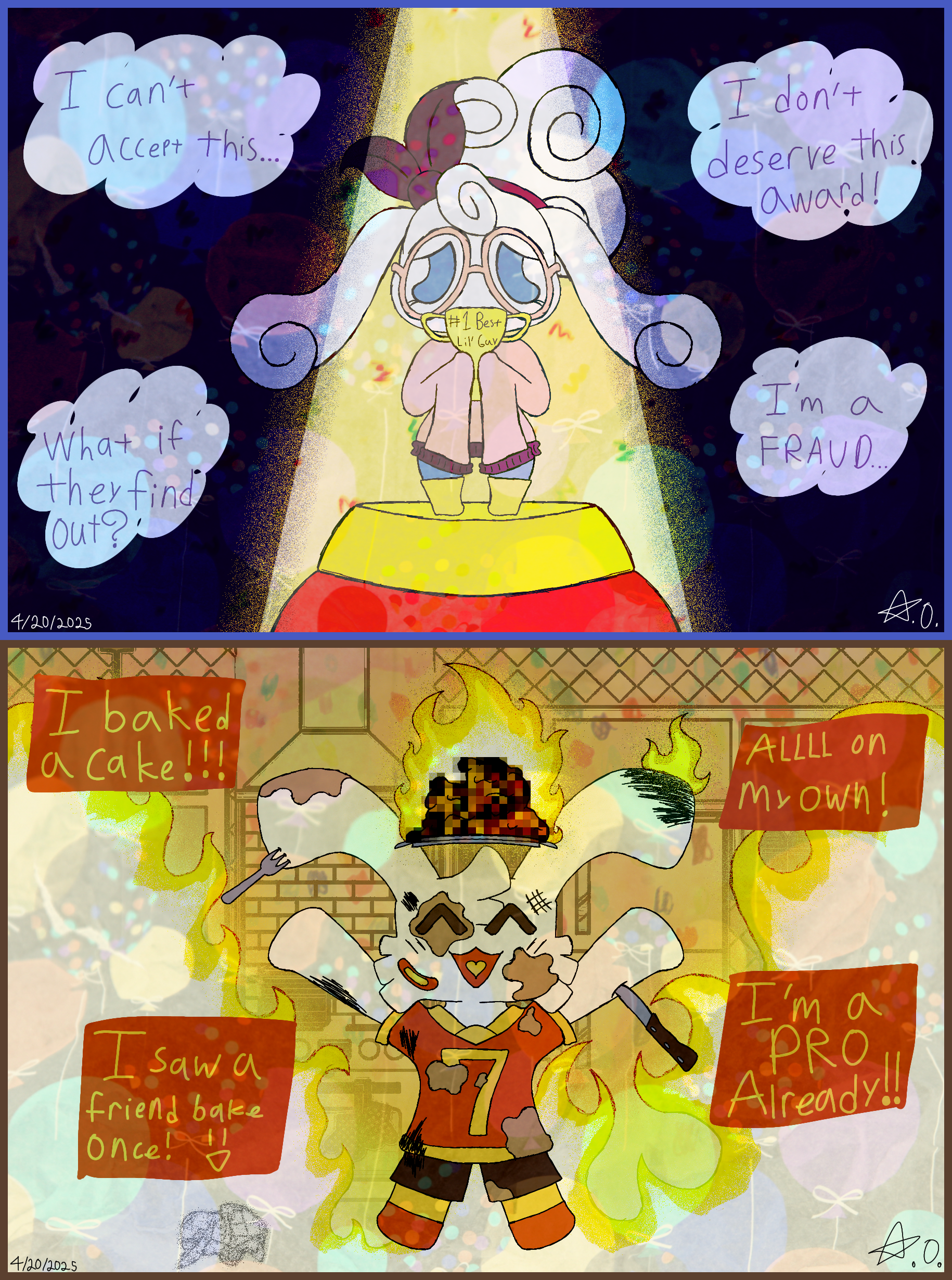 Confidence Project – Portfolio Development The goal was to create a work based around Impostor Syndrome and the Dunning-Kruger Effect. I chose to design two characters and compose artwork with them as the focal points.