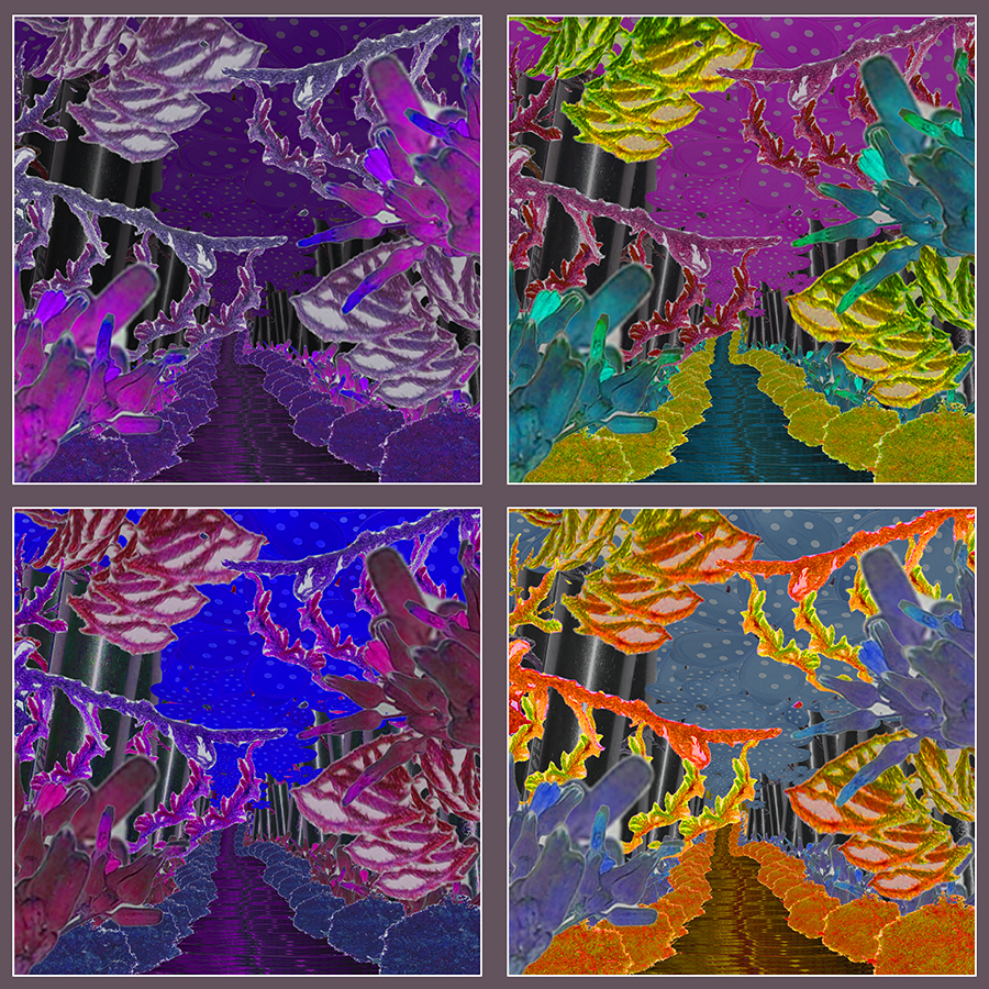 “Color Schemes” – Raster Imaging, Spring 2023 The goal was to make a composition in Adobe Photoshop and color it in a monochromatic, analogous, triadic, and complementary color schemes.