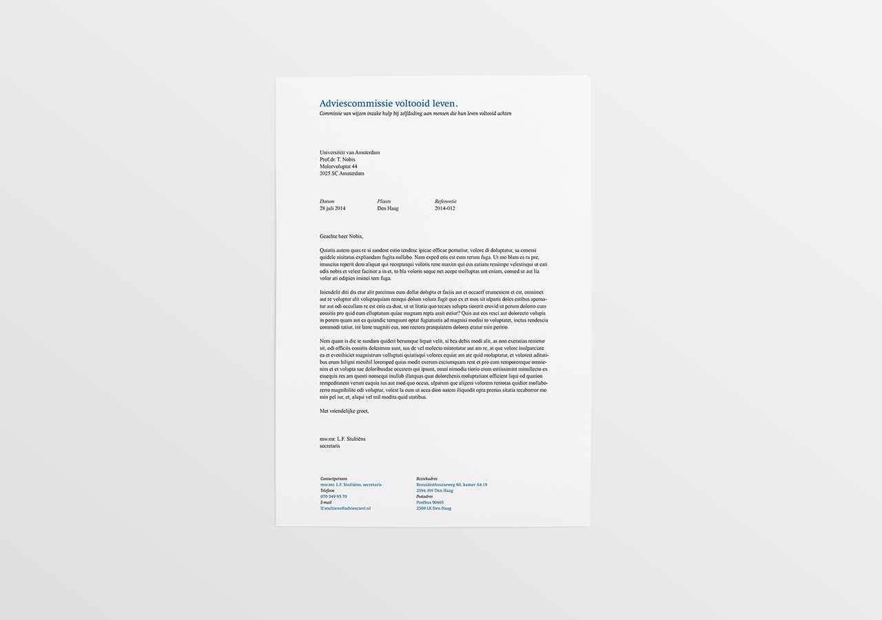 Book cover and stationary design by Sz+ for Adviescommissie voltooid leven, 2016