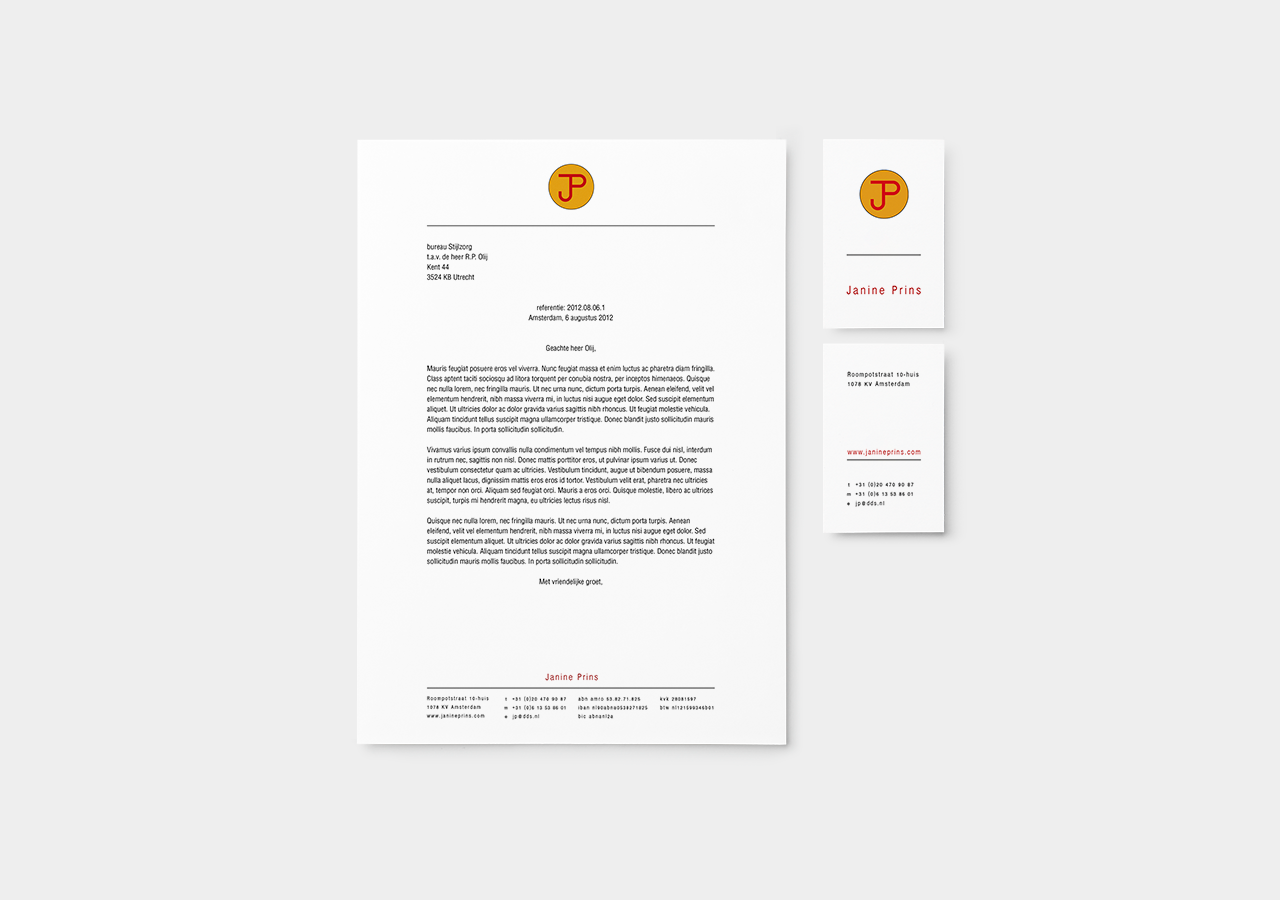 Logo and stationary design / branding, by Sz+ for Janine Prins, 2012