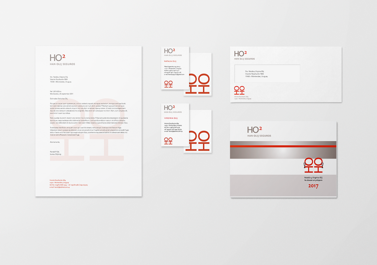 Logo and stationary design / branding, by Sz+ for Han Olij Seguros / HO2, 2011