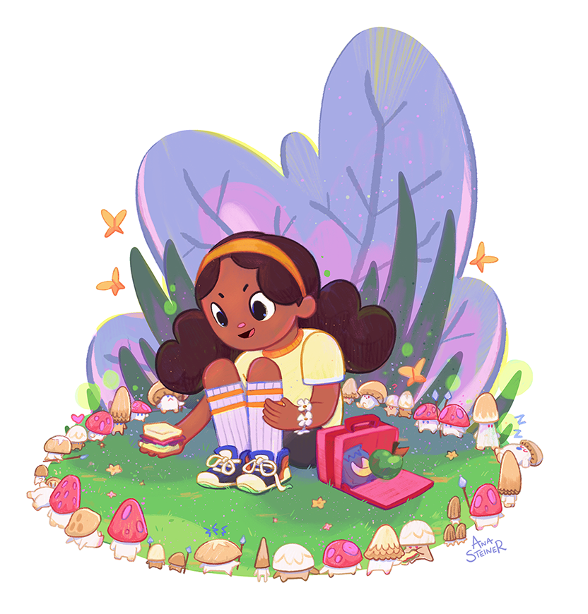 2025 - 'Mushroom Fairy Ring', a cute illustration featuring a child offering her lunch to some cheeky mushroom characters (Personal project)