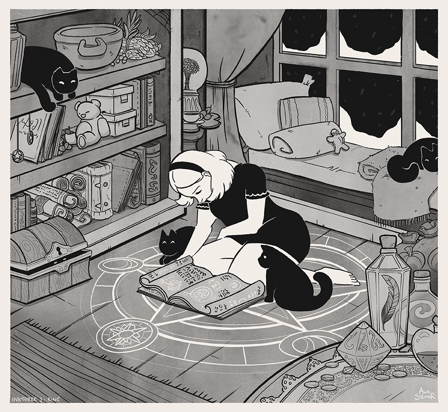 2019 - 'The Ring' - a cosy ink style illustration showing a teenage witch and her cats performing magic (Personal Project)