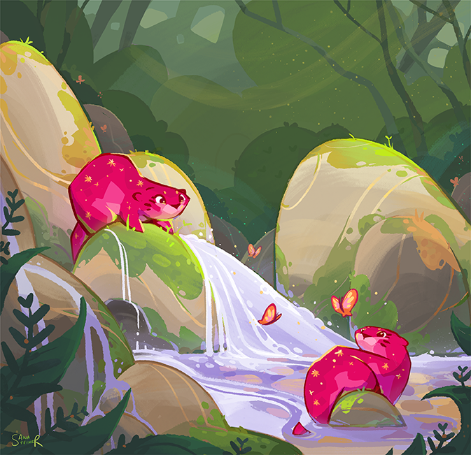 2025 - 'Otters' - A Dartmoor (Devon) inspired illustration featuring two otters playing in a stream with a magical feel (Personal project)