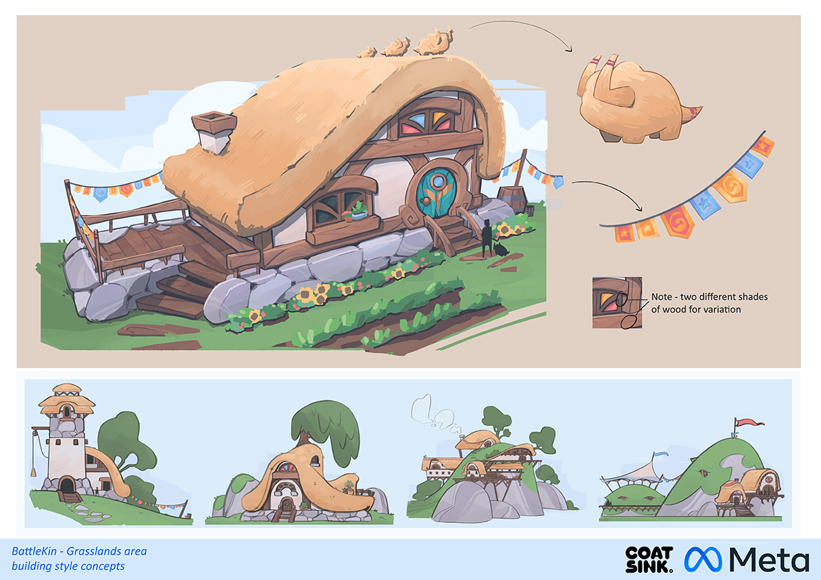 2024 - Meta client work - Environment design for cosy buildings in a grasslands style area