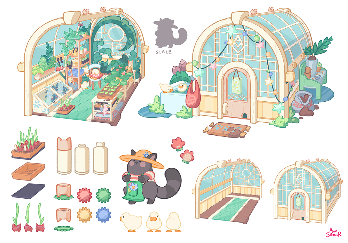 2023 - Cute cat greenhouse set, prop and character design (Personal project).