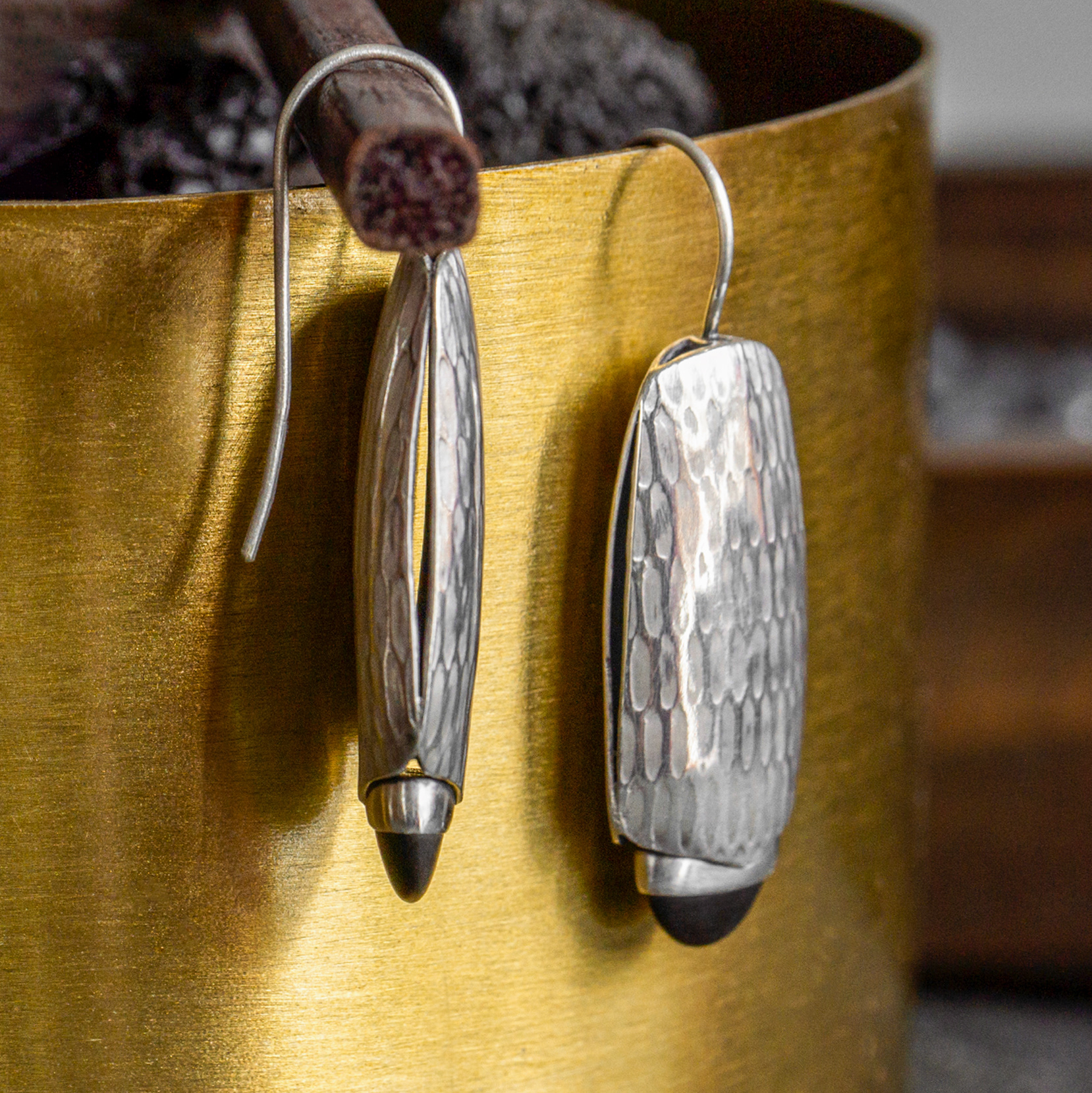 silver and onyx chrysalis earrings