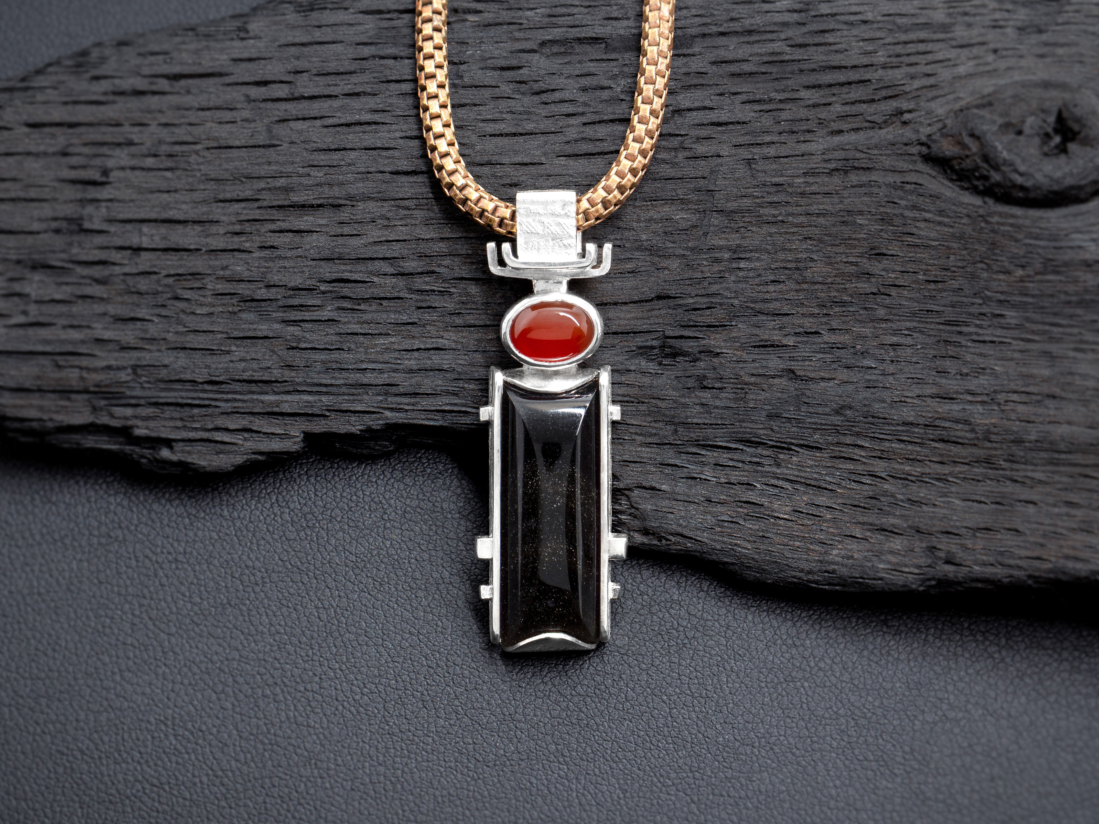 carnelian and designer-cut golden sheen obsidian set in sterling silver