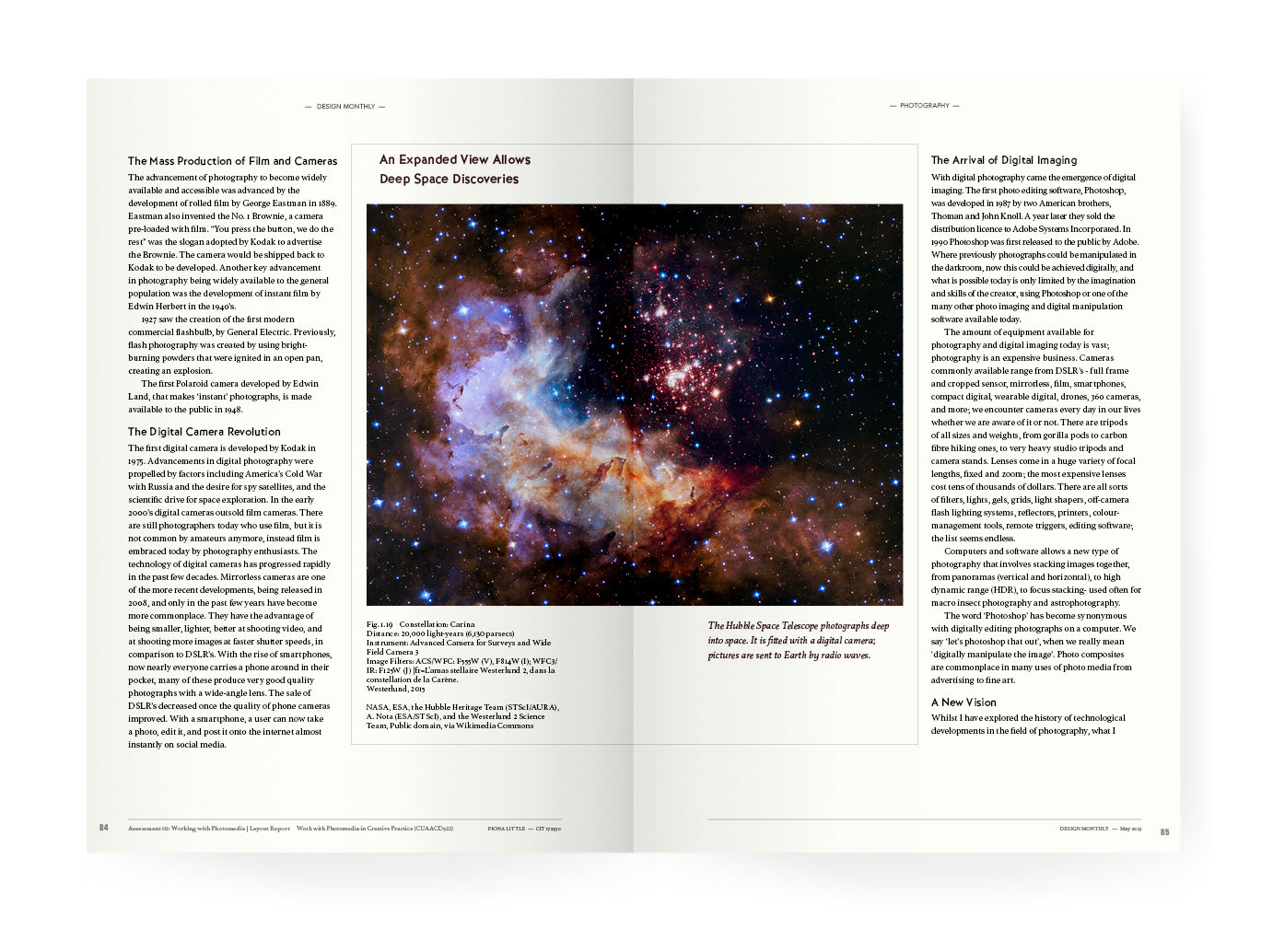 2 page magazine layout, image of space from the hubble space telescope