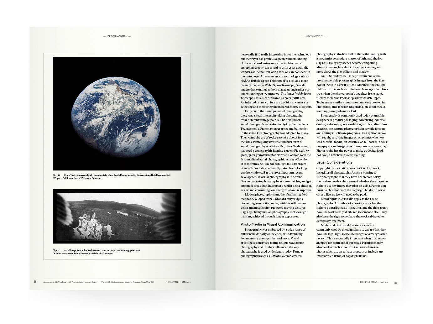 2 page magazine layout, photo of the moon and an aerial photograph