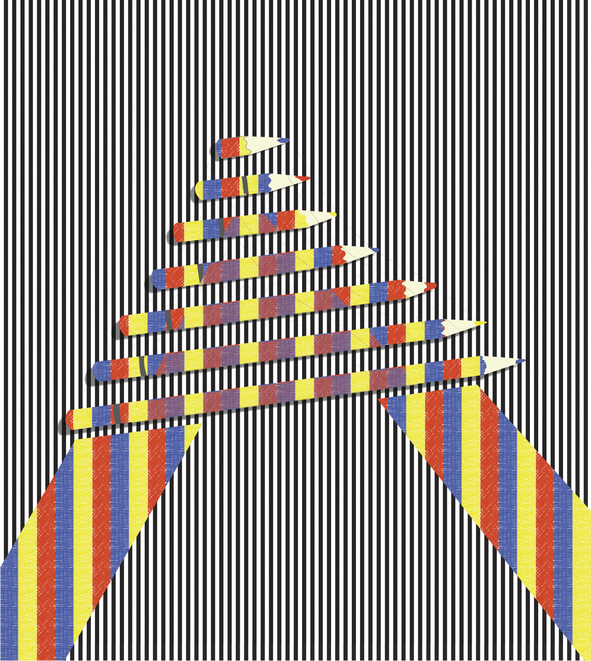 a drop cap with repetitive lines in black and white and primary colours. pencils form the top of the a