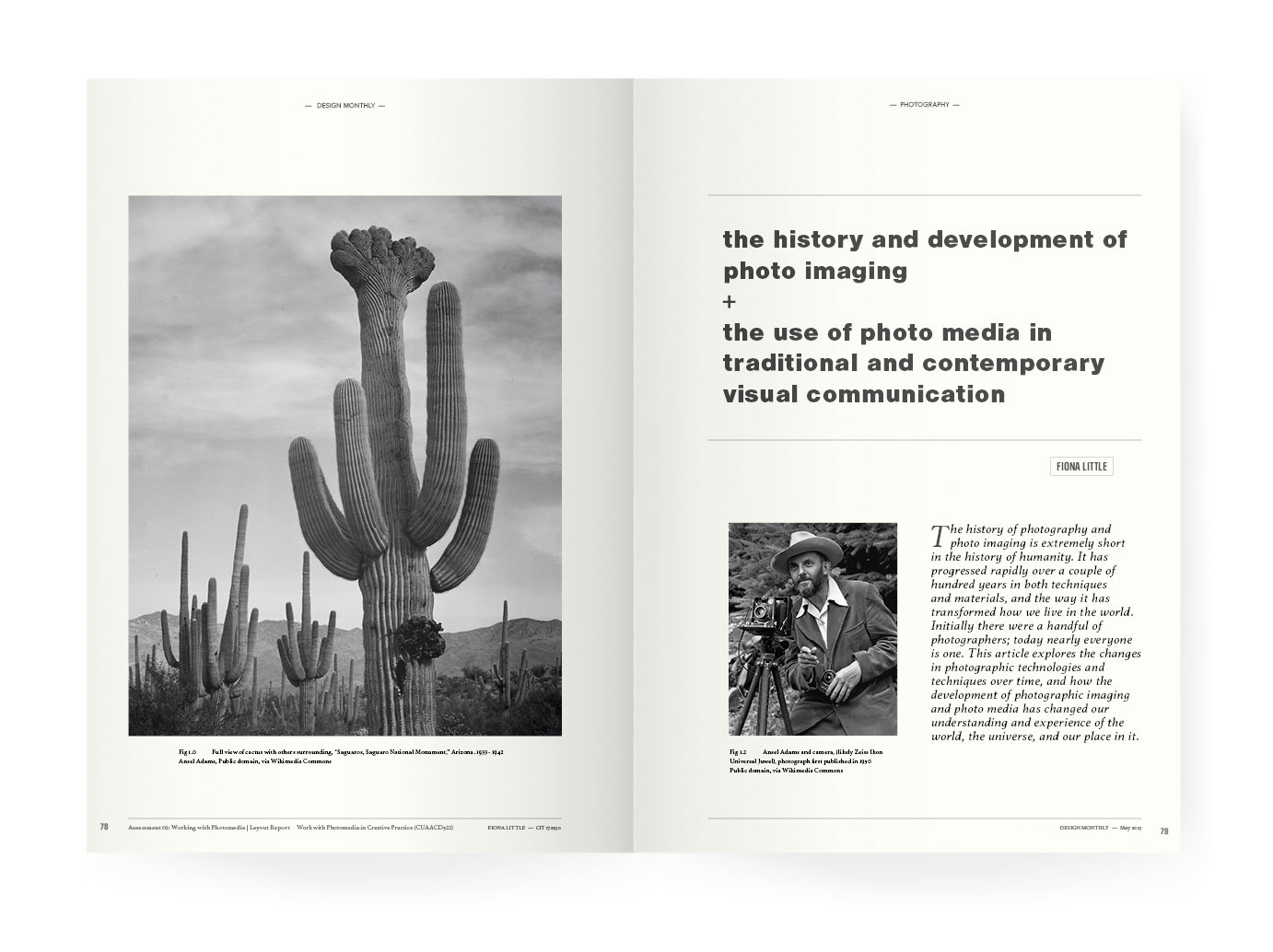 two page magazine spread with a cactus and a photo of ansel adams with his camera. article is called the history and development of photo imaging and the use of photo media in traditional and contemporary visual communication