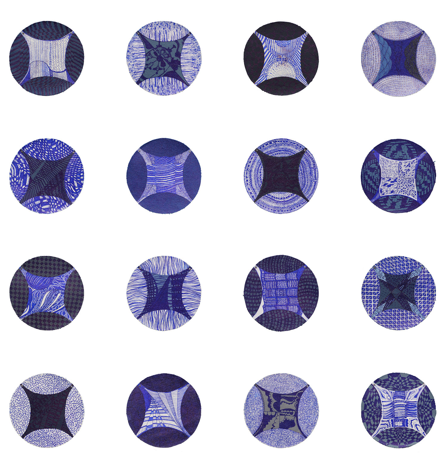 blue circles in a 4 x 4 grid with drawings on each one in a pattern