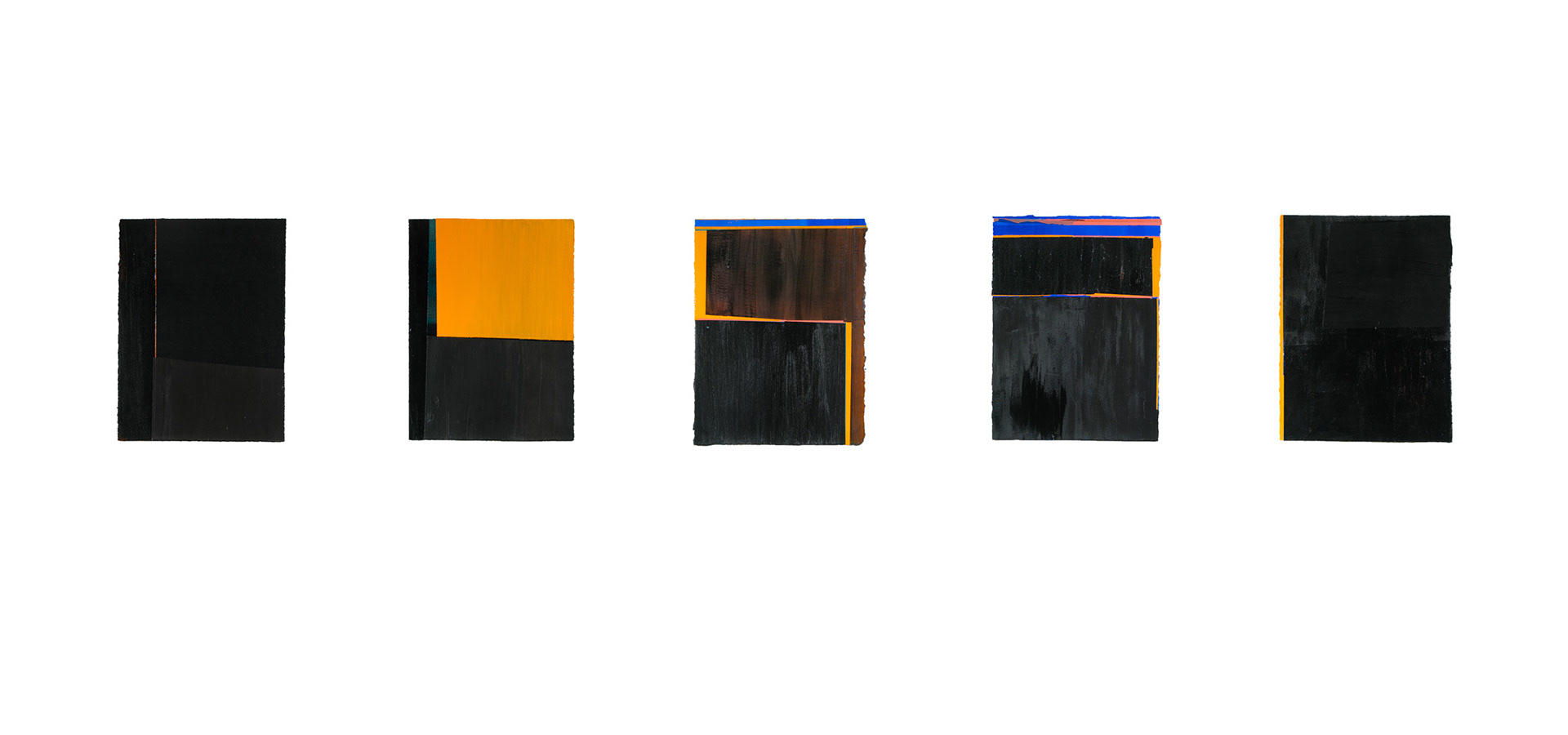 five paintings on paper with black and orange and hints of blue