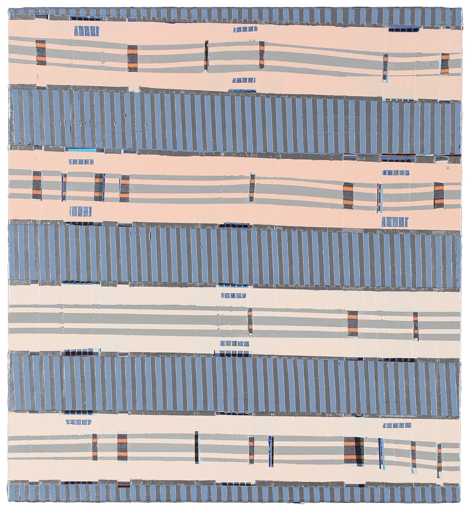 an abstract painting with hard edged repetitive patterns in pink, silver