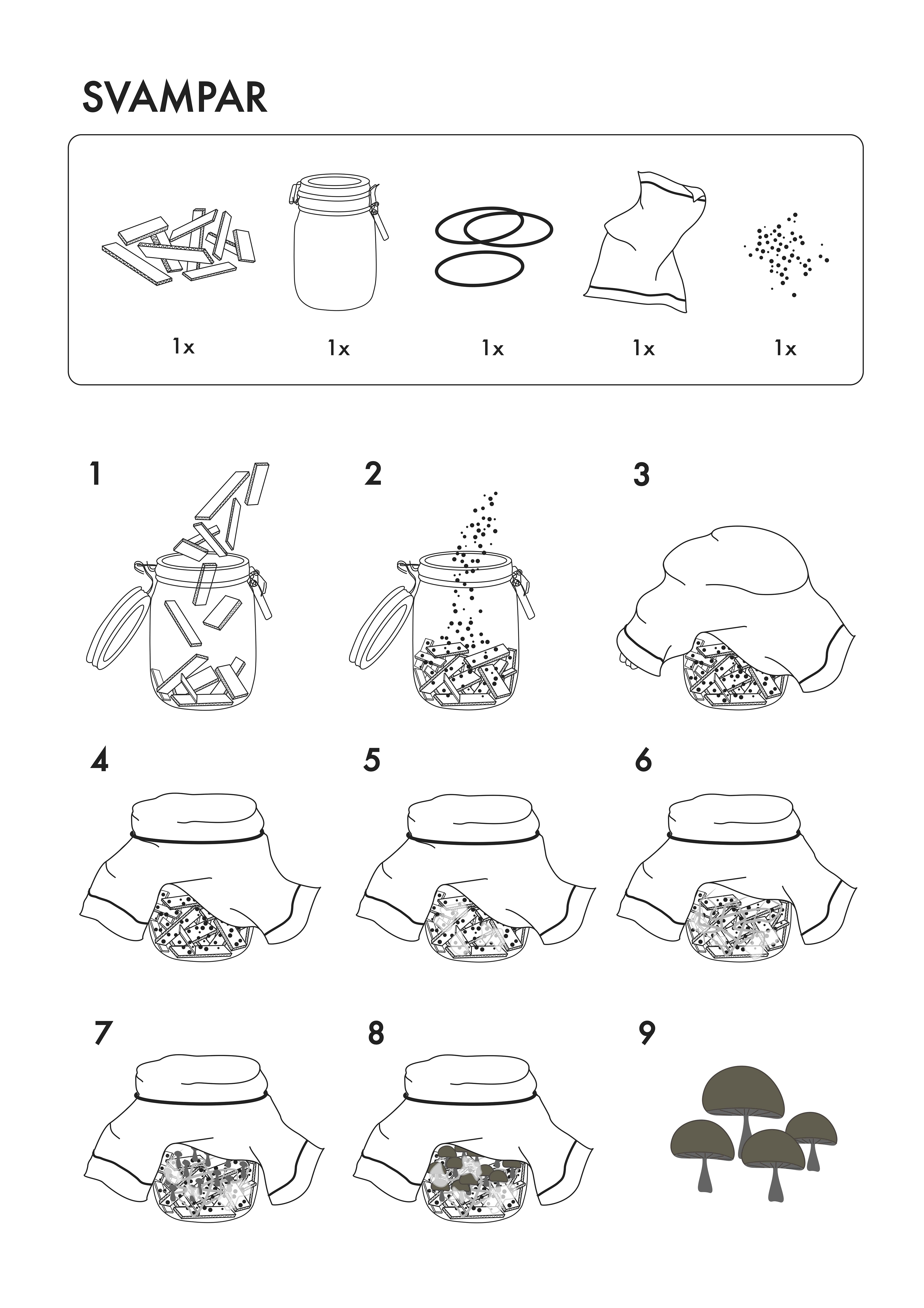 Growing fungi yourself is an exciting and sustainable. Using only a few minimal items you can start your own cultivating process. Placing the cardboard ʻshredsʼ in the jar as a grain substrate replacement and adding spores is as difficult as it gets. It’s a waiting game as mycelia slowly covers the cardboard. Place the mycelia into fruiting conditions by playing around with the temperature, humidity and increasing fresh air. From there you will slowly start cultivating your own mushrooms you can use in any healthy dish, smaklig!