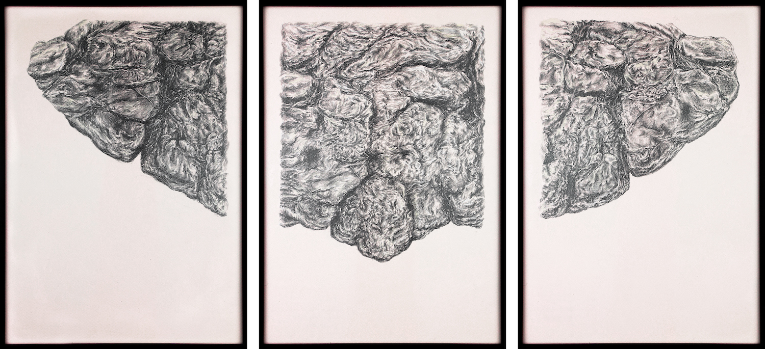 P, 2021, je 30,2 x 21,5 cm (dreiteilig), Bleistift, Buntstift auf Papier