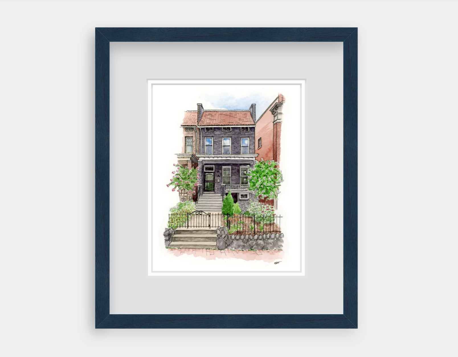Pen and watercolor painting of a gray brick row house with blooming trees and garden