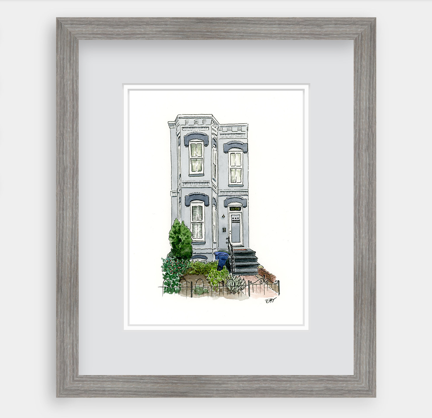 Pen and watercolor painting of a gray row house with a DC flag design on the front door