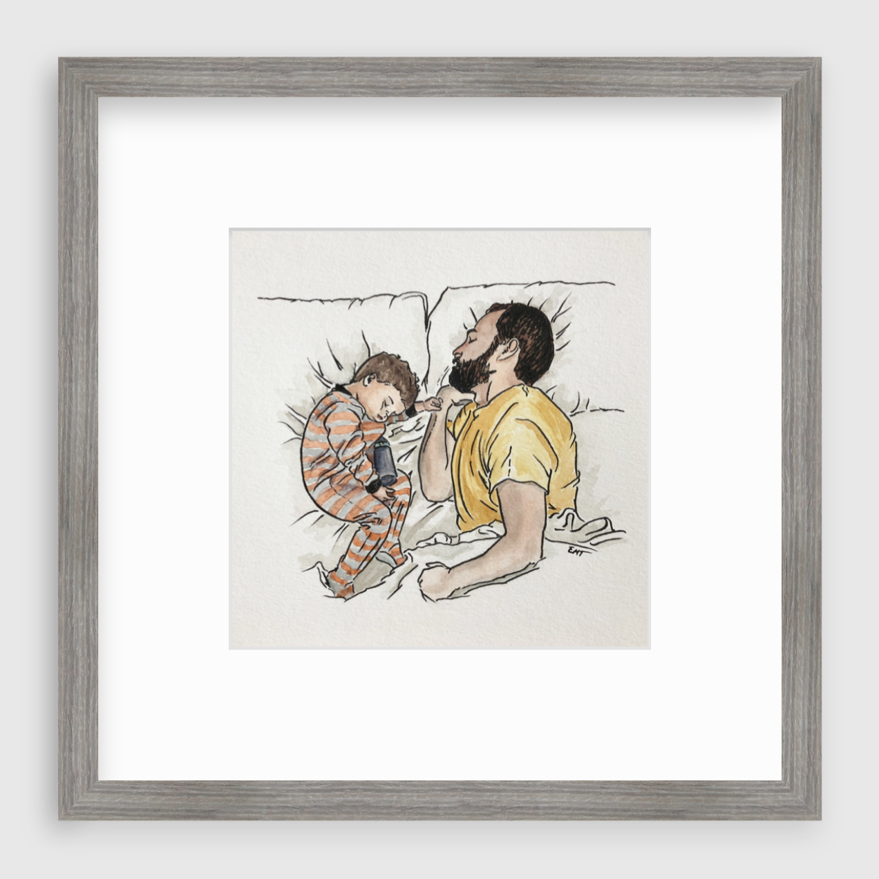 Father and son sleeping in together, depicted in pen and watercolor from an aerial view
