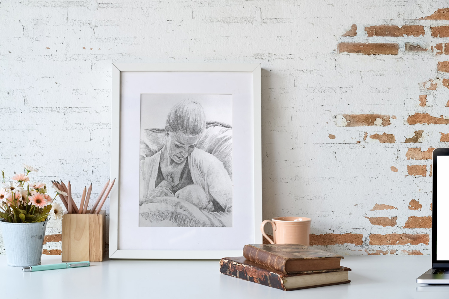 Pencil drawing of a mom nursing her baby, who's reaching up to play with her necklace