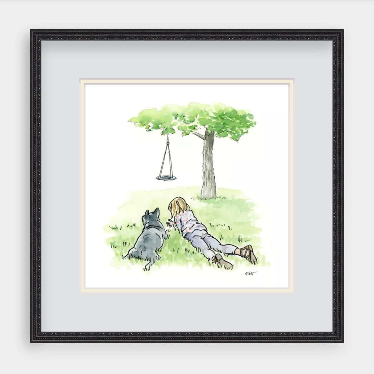 Pen and ink artwork of a girl and her french bulldog resting together in the grass beneath a tree with swing