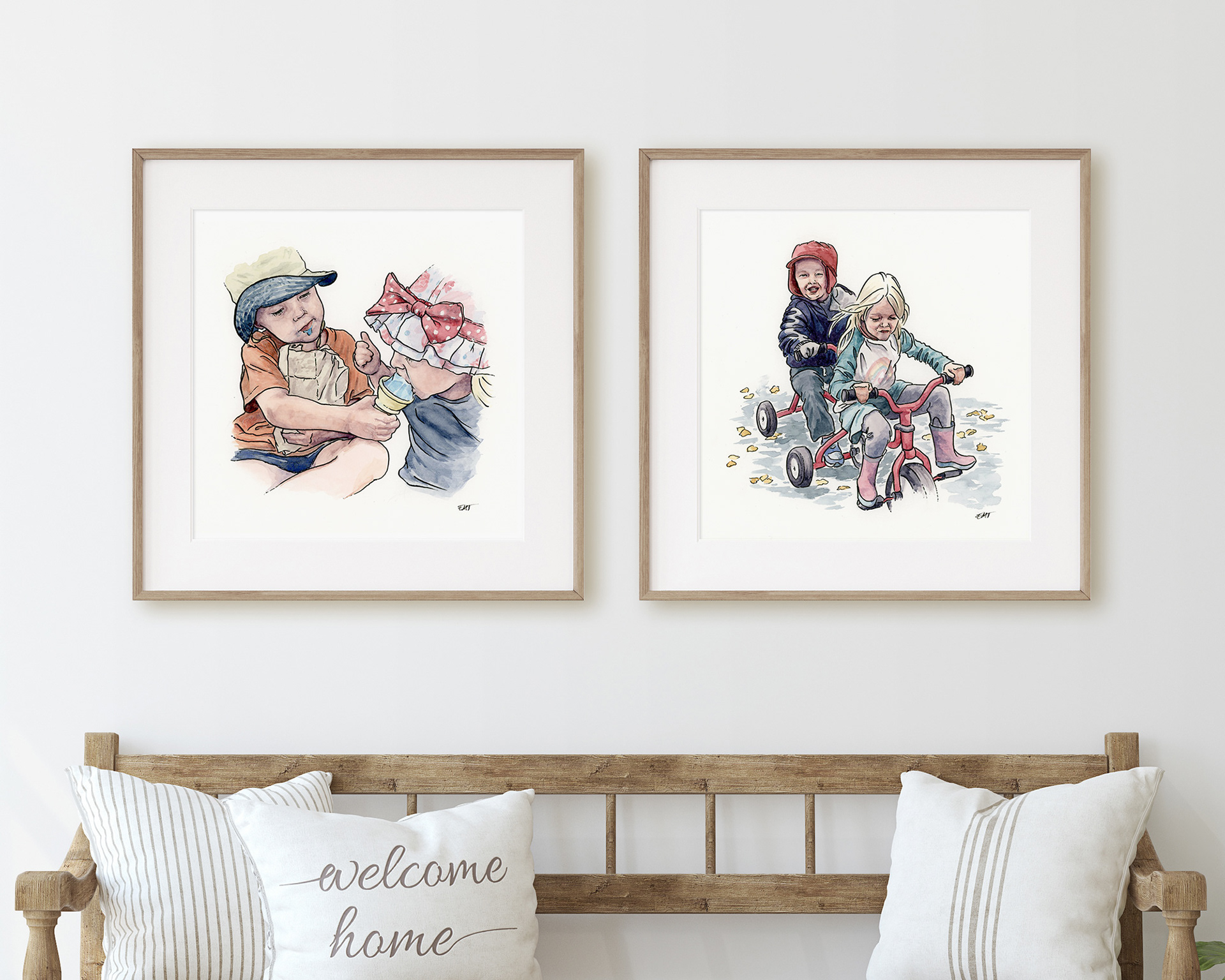 Companion pen and watercolor pieces, one of a brother offering ice cream to his sister, and the other of a brother riding a tandem tricycle with his sister