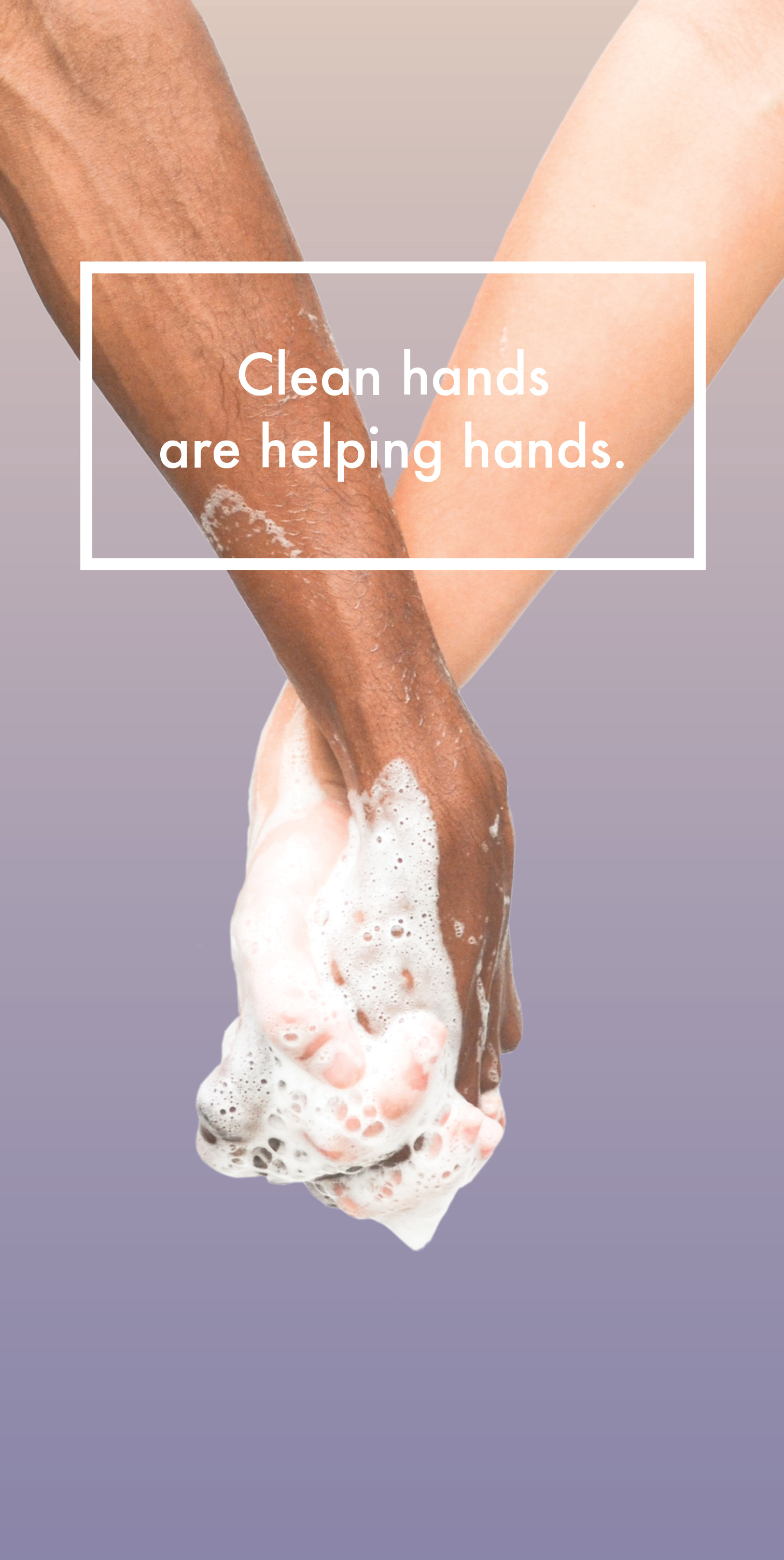 Poster with the caption 'Clean hands are helping hands'. Two soapy hands intertwined in a hand-holding position against a purple background.