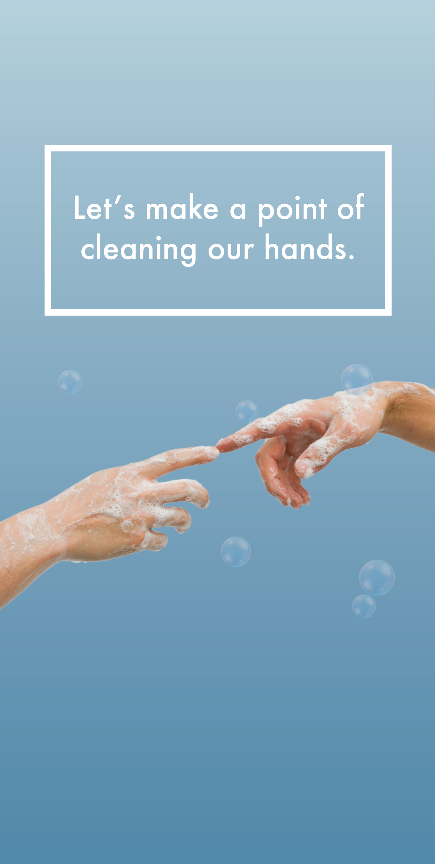 Poster with the slogan 'Let's make a point of cleaning our hands'. Two soapy hands touch at the index fingers against a light blue gradient background.