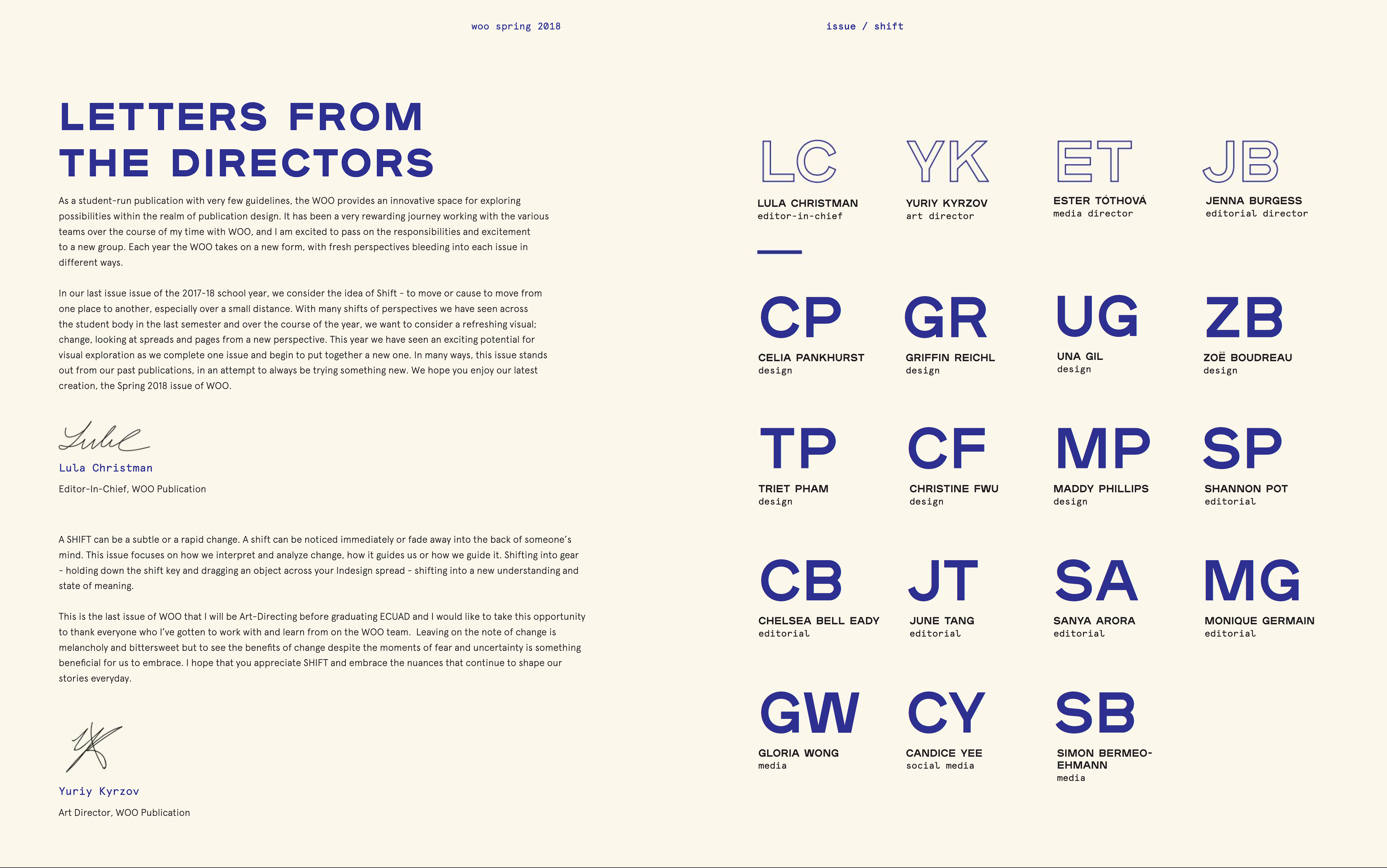 Woo Magazine Shift: Letters, Editorial Team Credits