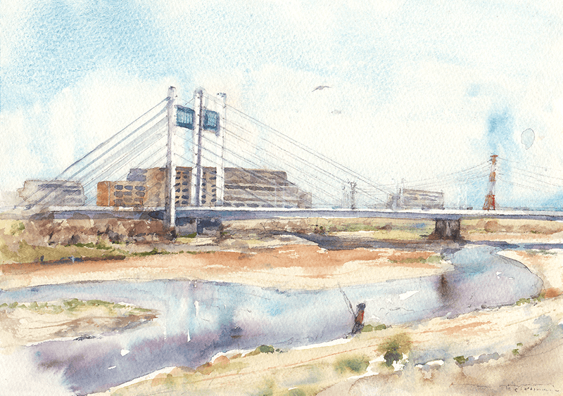 多摩川・是政橋 Koremasa Bridge Tama River 33.2 x 24.2 cm