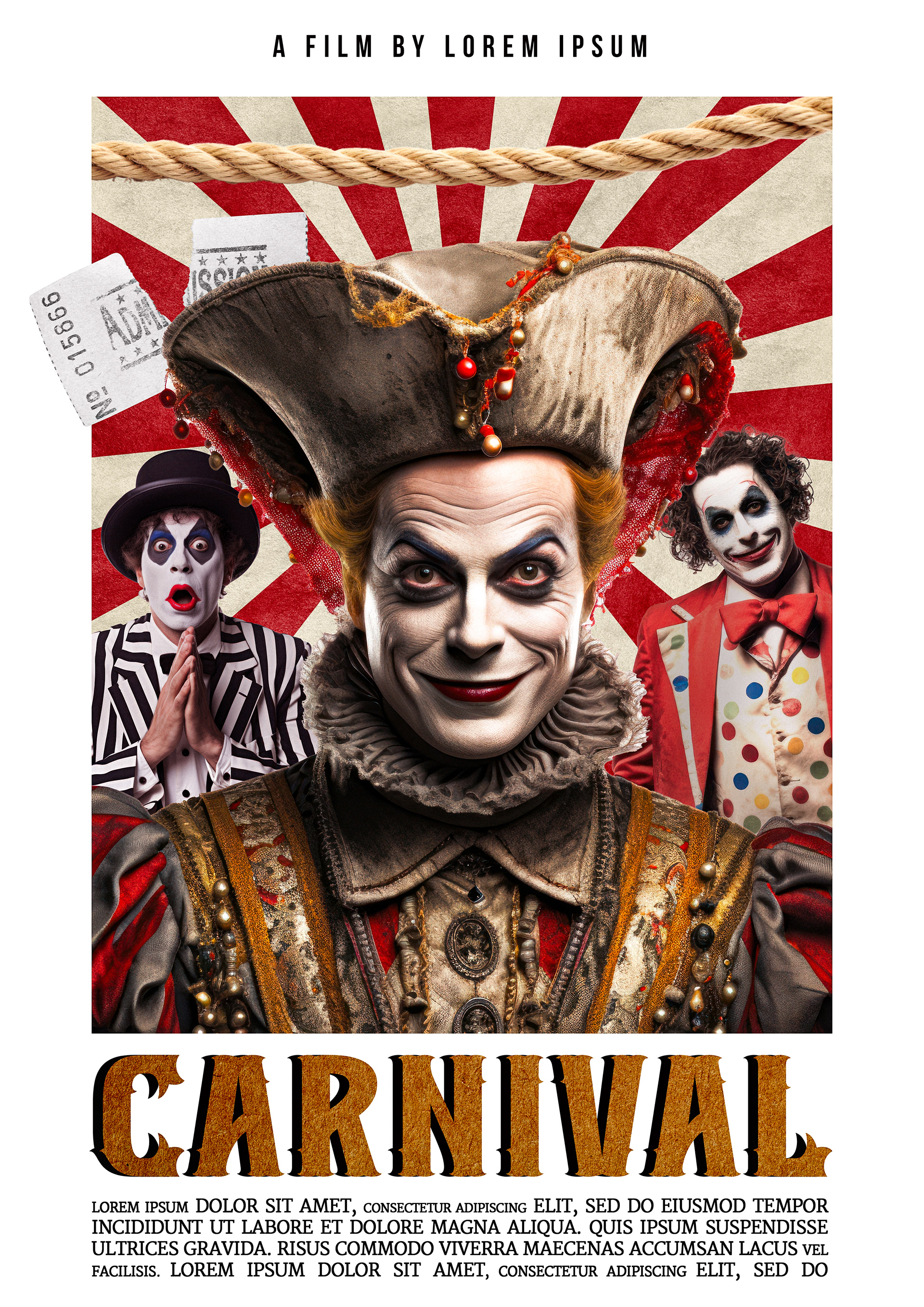 Horror-comedy movie poster for Carnival, featuring a sinister-looking ringleader with exaggerated makeup, piercing eyes, and an unsettling grin, dressed in an elaborate vintage costume. Behind him, two eerie clown-like figures stand against a bold red-and-white striped carnival backdrop—one with a painted black-and-white face in shocked expression, the other in a colorful, tattered polka-dot suit with a mischievous smirk. Vintage carnival tickets and rope decorations frame the composition, adding a nostalgic yet unsettling atmosphere to the film’s theme of twisted entertainment.