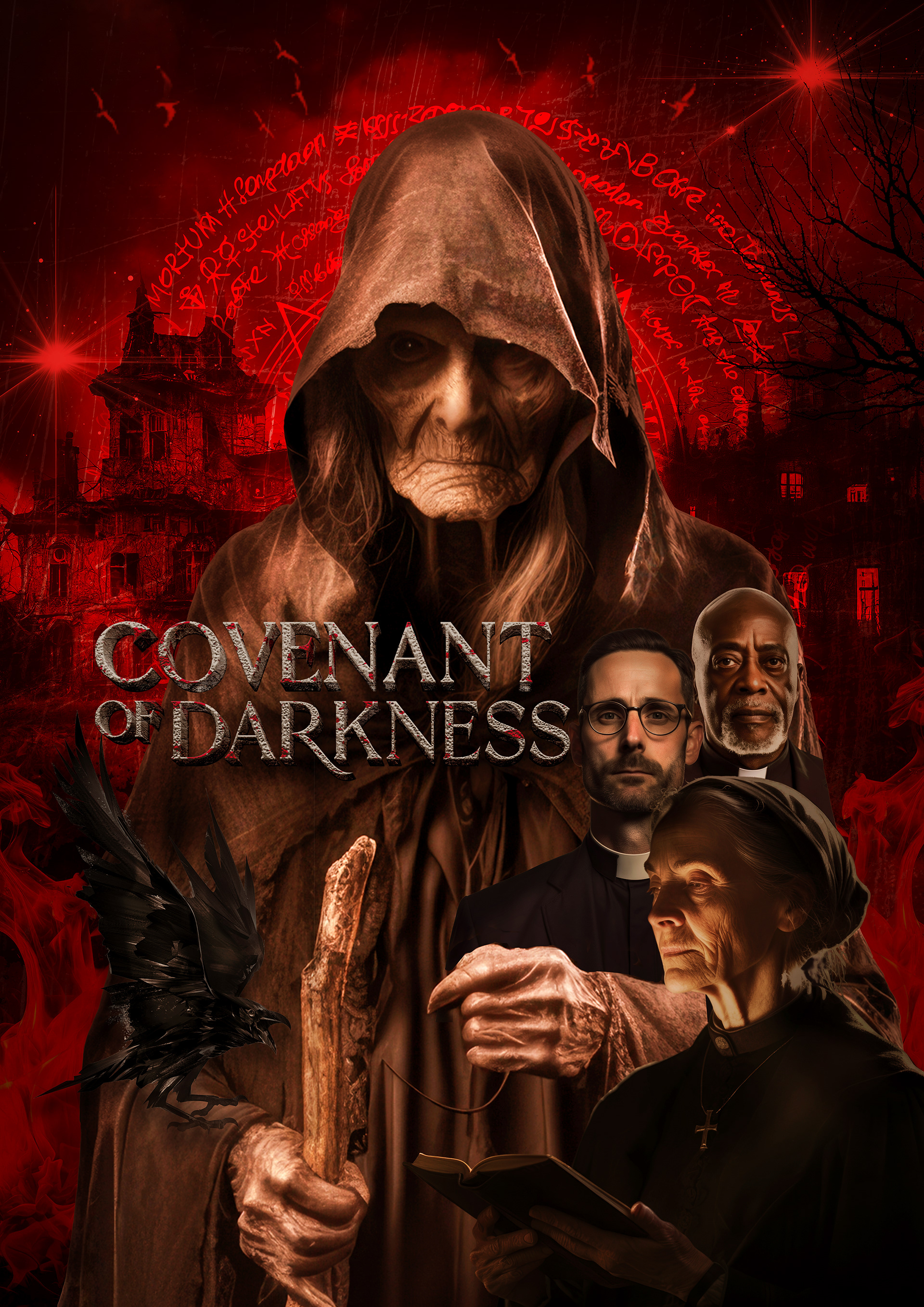 Horror movie poster for Covenant of Darkness, featuring a hooded, skeletal figure with piercing eyes, gripping an ancient wooden staff, standing against a blood-red sky filled with demonic symbols and eerie glowing text. In the foreground, three solemn religious figures—a priest, a nun, and an elder clergyman—stand with tense expressions, a worn book clutched tightly in the nun’s hands. A black raven with outstretched wings hovers nearby, while a decaying gothic mansion looms in the background, shrouded in shadows and twisted branches, evoking a sense of supernatural dread.
