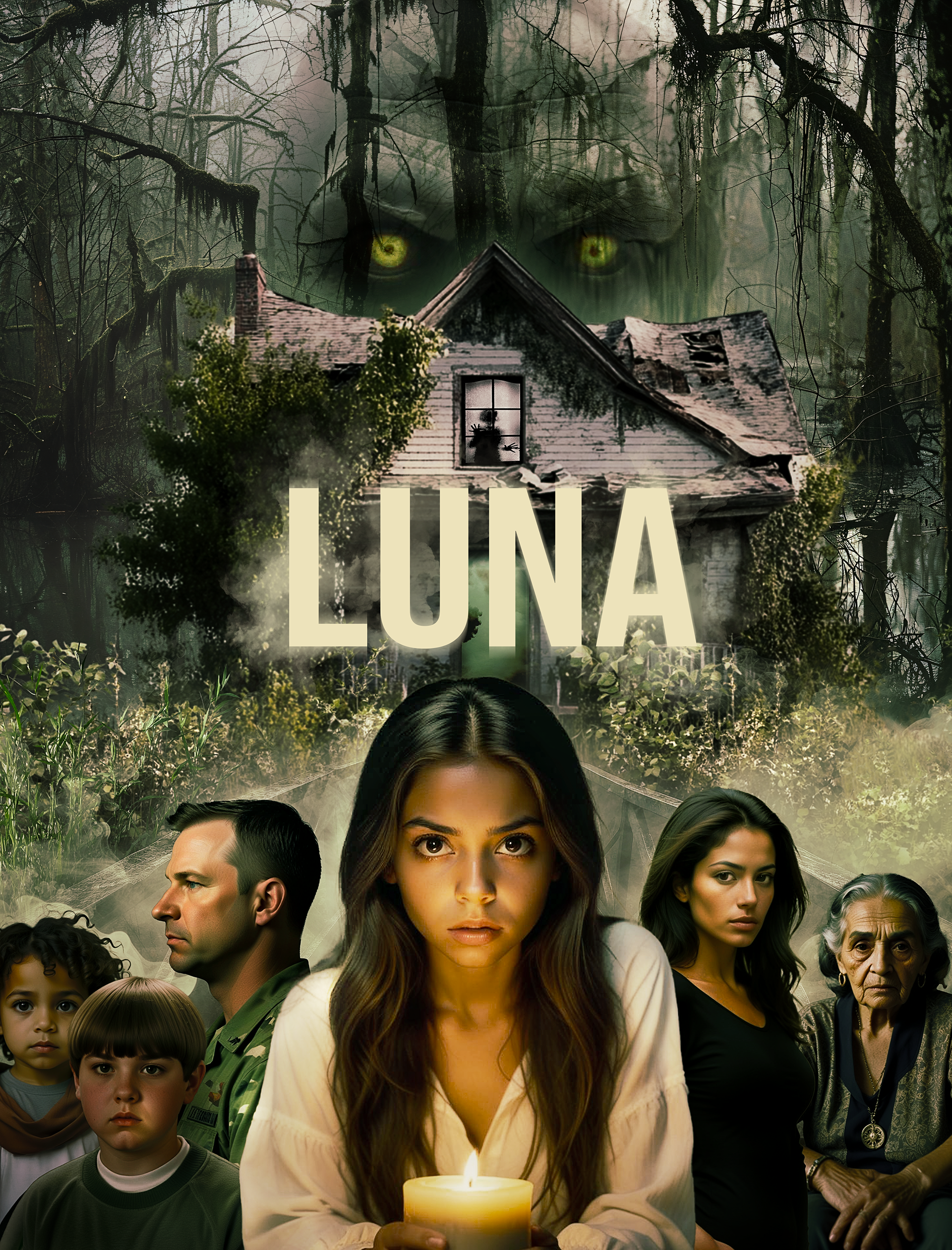 "Horror movie poster for Luna, featuring a Mexican family standing before a haunted house under a glowing full moon, with eerie shadows, ghostly apparitions, and a chilling supernatural presence lurking in the darkness