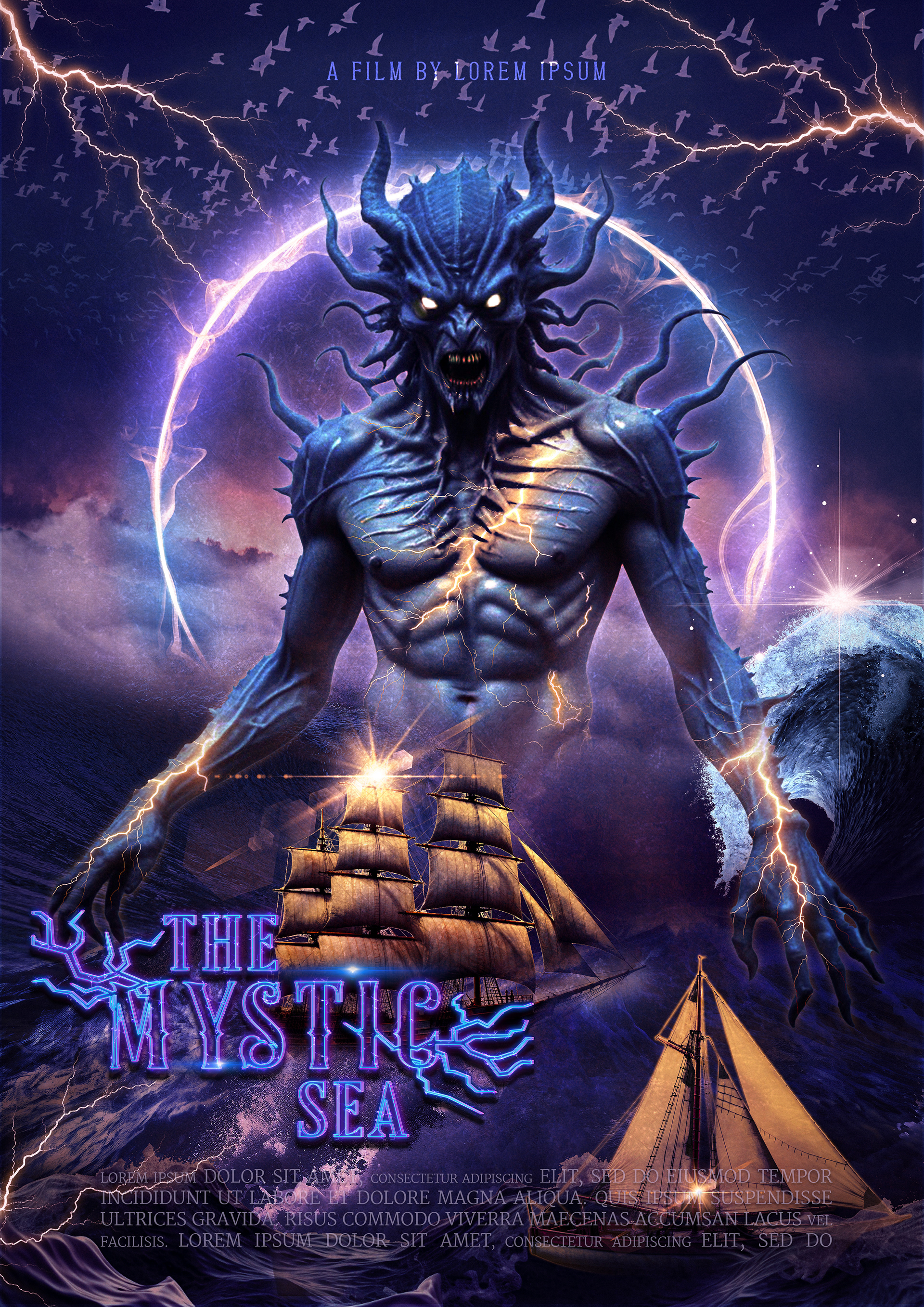Fantasy-horror movie poster for The Mystic Sea, featuring a towering, demonic sea creature with glowing eyes and jagged horns rising from the dark ocean, its clawed hands crackling with mystical energy. Below, a ghostly pirate ship sails through stormy waters, illuminated by eerie lightning, while waves crash and the night sky swirls with flocks of birds and supernatural forces. The neon purple title adds to the mysterious and otherworldly atmosphere.