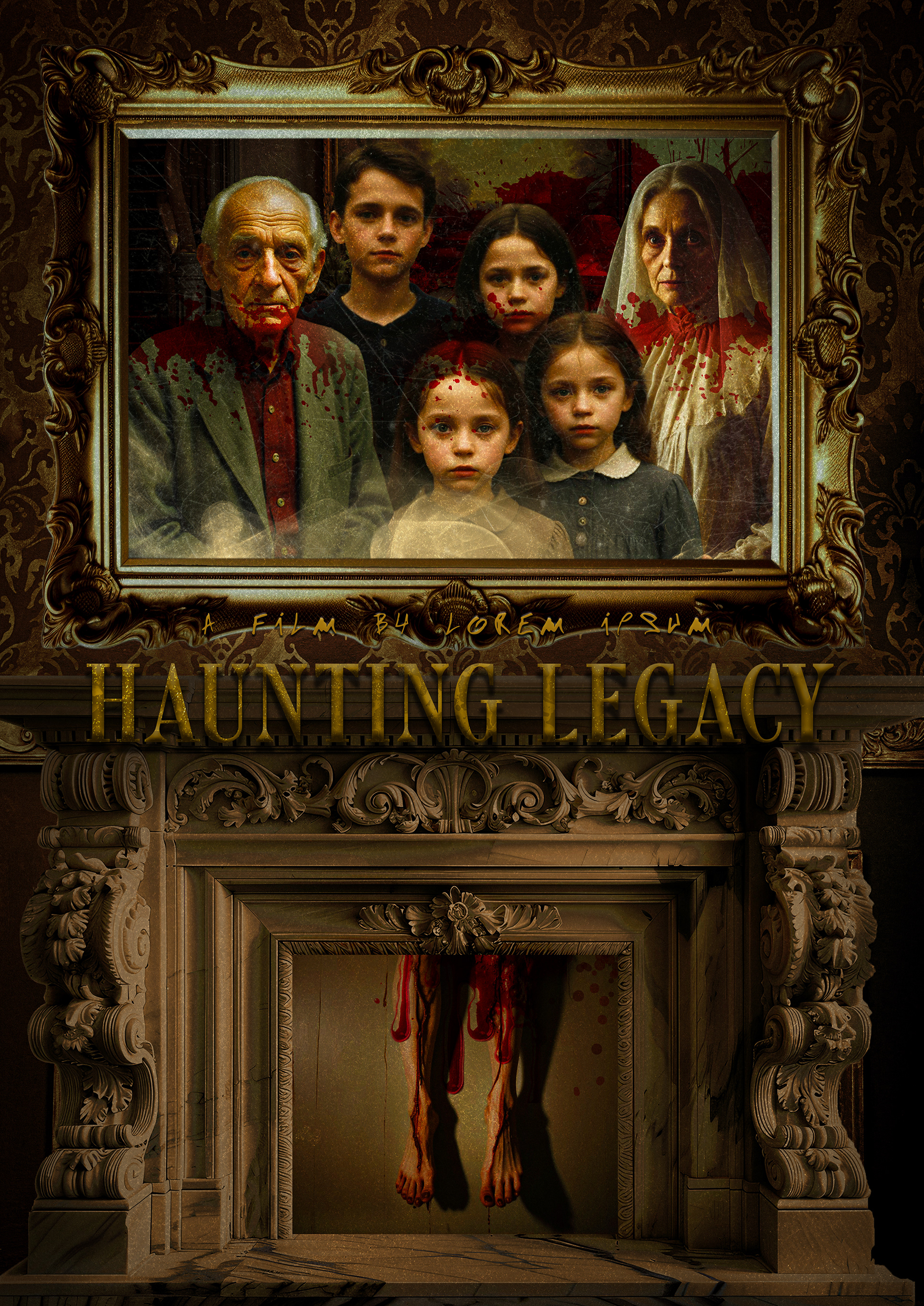 Horror movie poster for Haunting Legacy, featuring an eerie, vintage family portrait in an ornate golden frame. The family members—an elderly man, children, and a veiled woman—stare forward with lifeless expressions, their faces splattered with blood. Below the painting, a grand fireplace with intricate carvings reveals a horrifying secret—bloody, lifeless legs dangle from the chimney, dripping onto the floor. The dim lighting, aged wallpaper, and gothic typography reinforce the film’s chilling atmosphere of supernatural terror and dark family secrets.