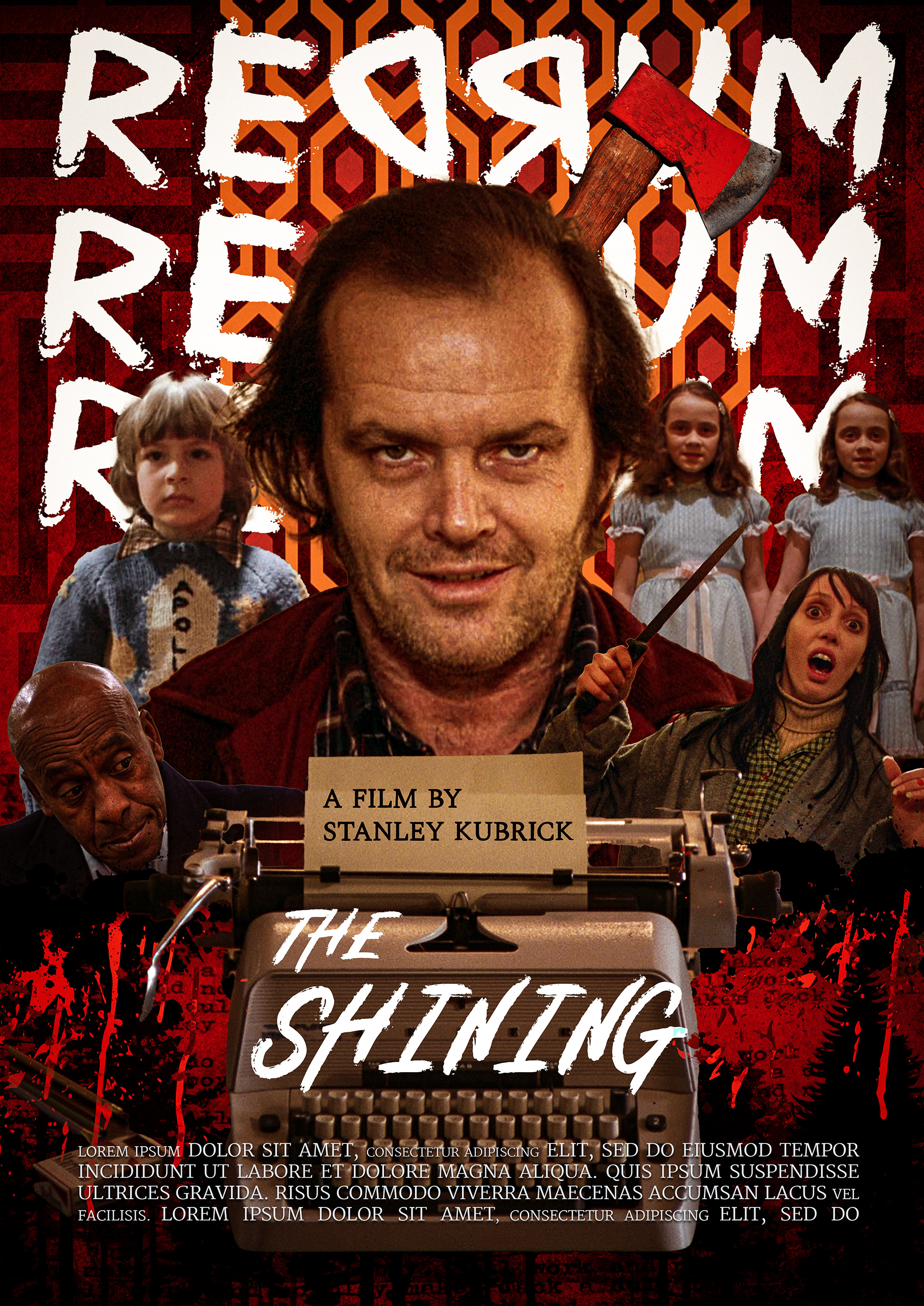 Alternative movie poster for The Shining, featuring a bold reimagining of the iconic horror classic, with surreal, unsettling imagery. Stark contrasts of red and black dominate the design, with eerie, distorted elements evoking the film’s psychological horror. A looming presence hides within the shadows, while fragmented visuals hint at the madness unraveling inside the Overlook Hotel.