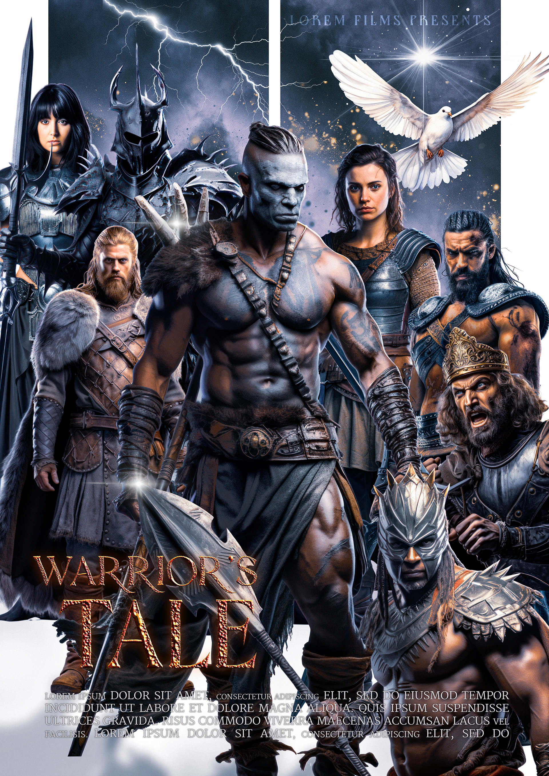 Key art for Warrior’s Tale, designed in a dramatic pyramid composition, featuring a powerful Viking chieftain at the center, surrounded by warriors wielding swords and axes, with a stormy sky, burning villages, and Viking longships in the background, evoking a grand and cinematic Nordic epic.