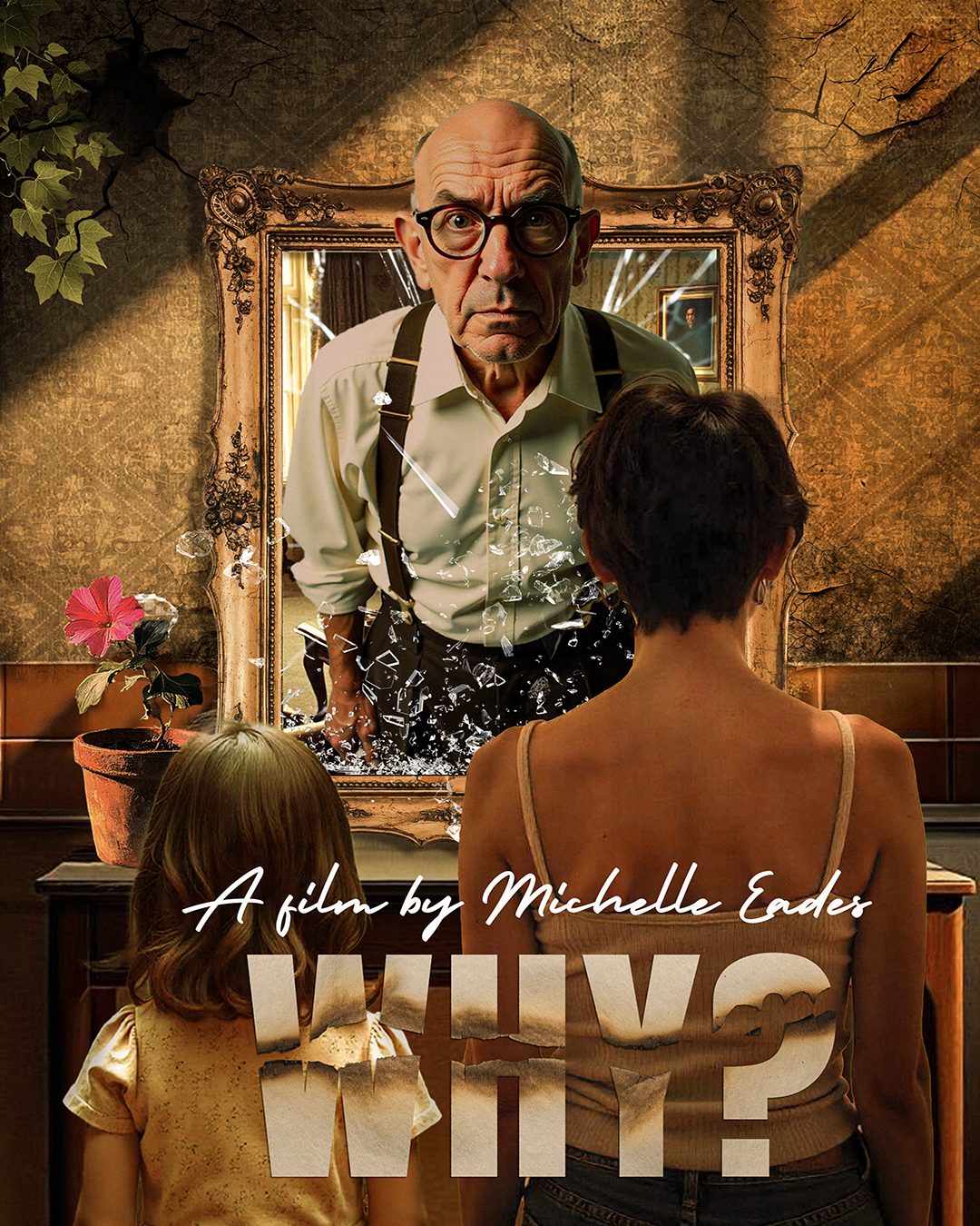 Psychological drama movie poster for Why?, featuring a young woman and a little girl standing before an ornate mirror, which reflects an older man with glasses staring intensely at them. The glass is shattered, with fragments suspended in mid-air, adding to the unsettling atmosphere. The vintage wallpaper, dim lighting, and aged furniture enhance the film’s mysterious and thought-provoking tone, while the distressed typography reinforces themes of intrigue, memory, and hidden truths.