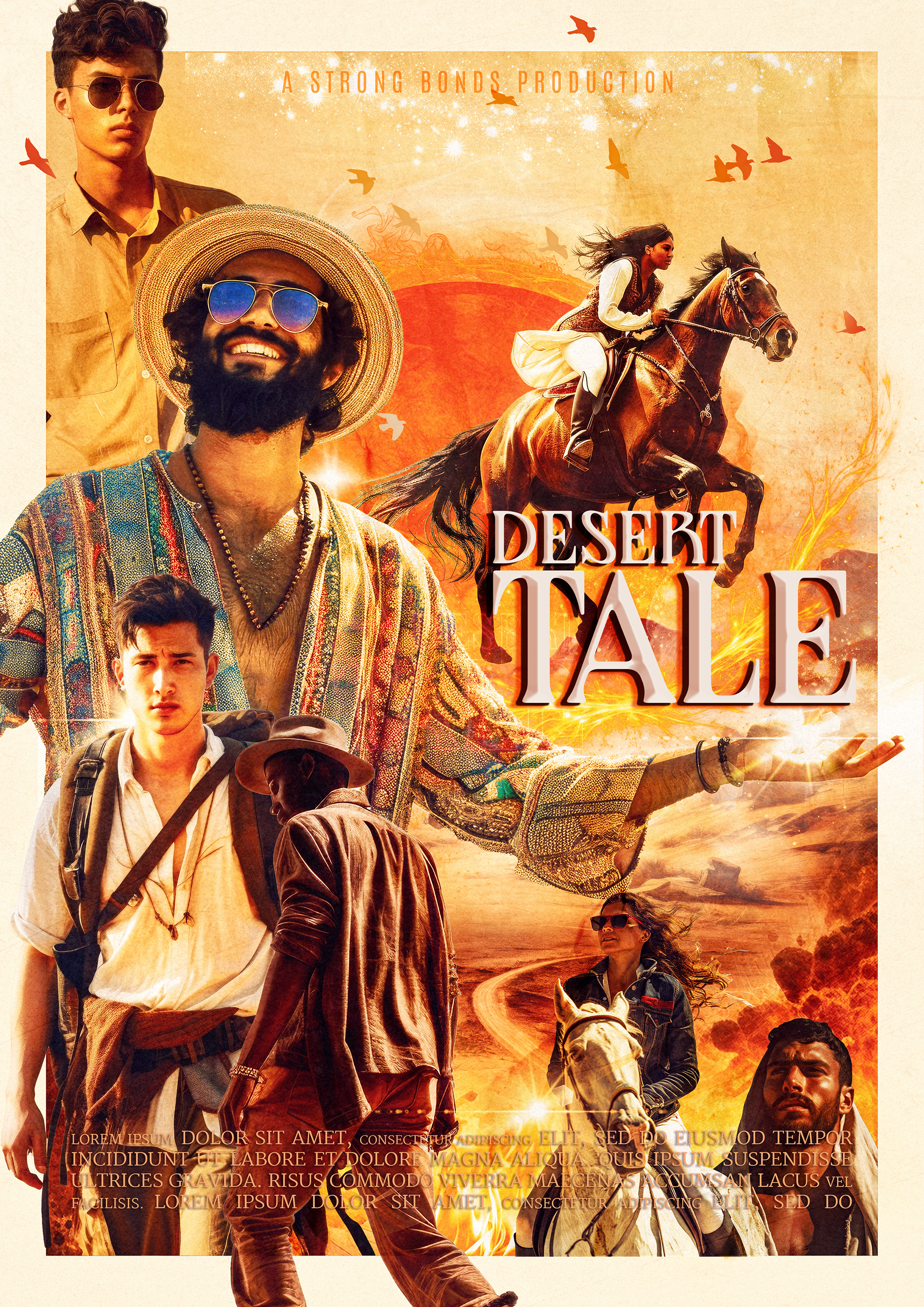 Movie poster for Desert Tale, featuring a dynamic blend of adventure and drama set against a sun-drenched desert backdrop. A woman on horseback charges forward, her cloak billowing in the wind, while a bearded man in a colorful robe and sunglasses smiles confidently. Below, a young traveler with a satchel, a mysterious cowboy in a hat, and other rugged characters hint at an epic journey. The warm, golden tones and swirling dust create an atmosphere of mystery, exploration, and high-stakes adventure.