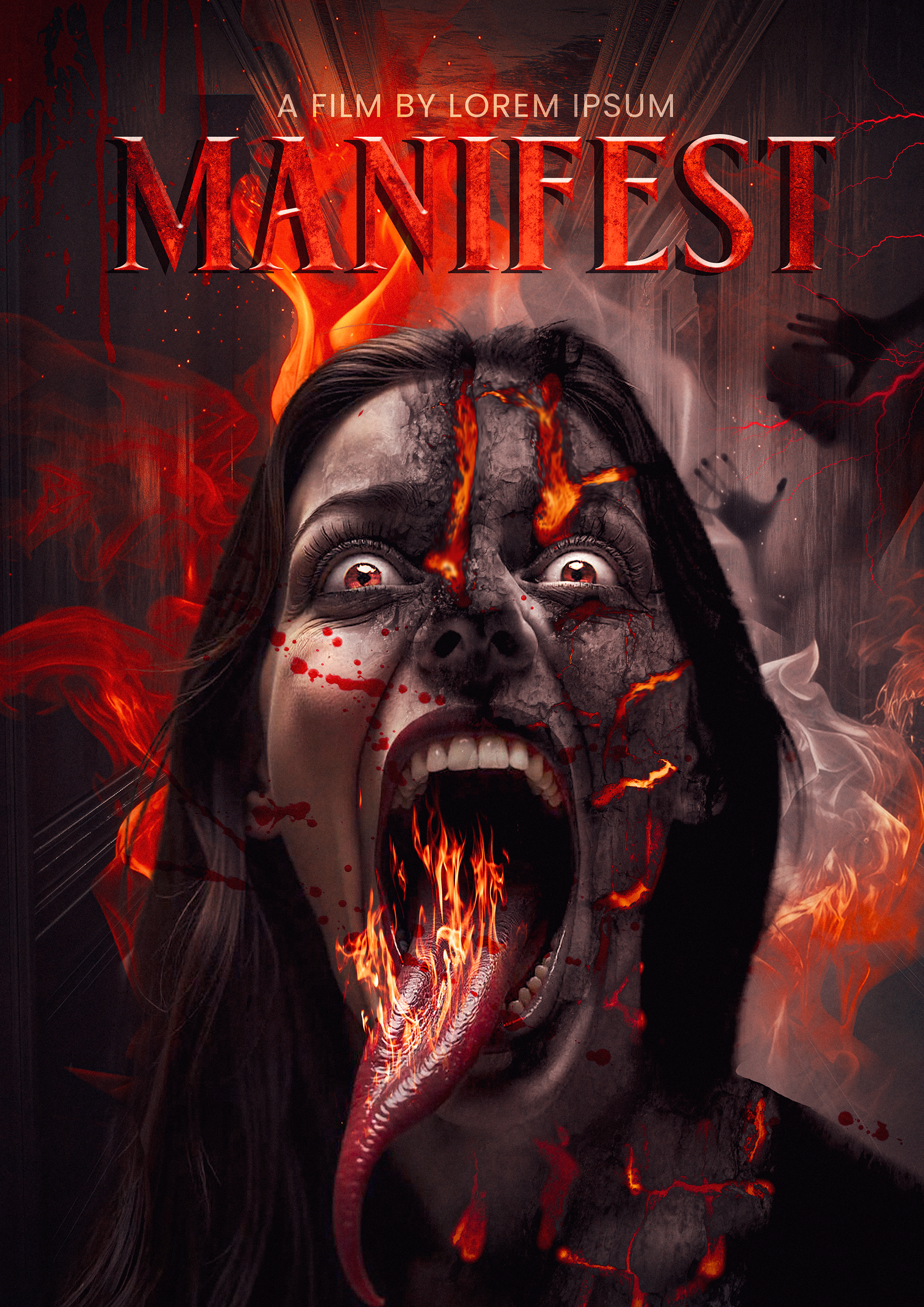 Horror movie poster for Manifest, featuring a possessed woman with glowing red eyes and a twisted expression, standing in the shadows of a haunted house, with a deep black and red color scheme enhancing the eerie, demonic atmosphere.