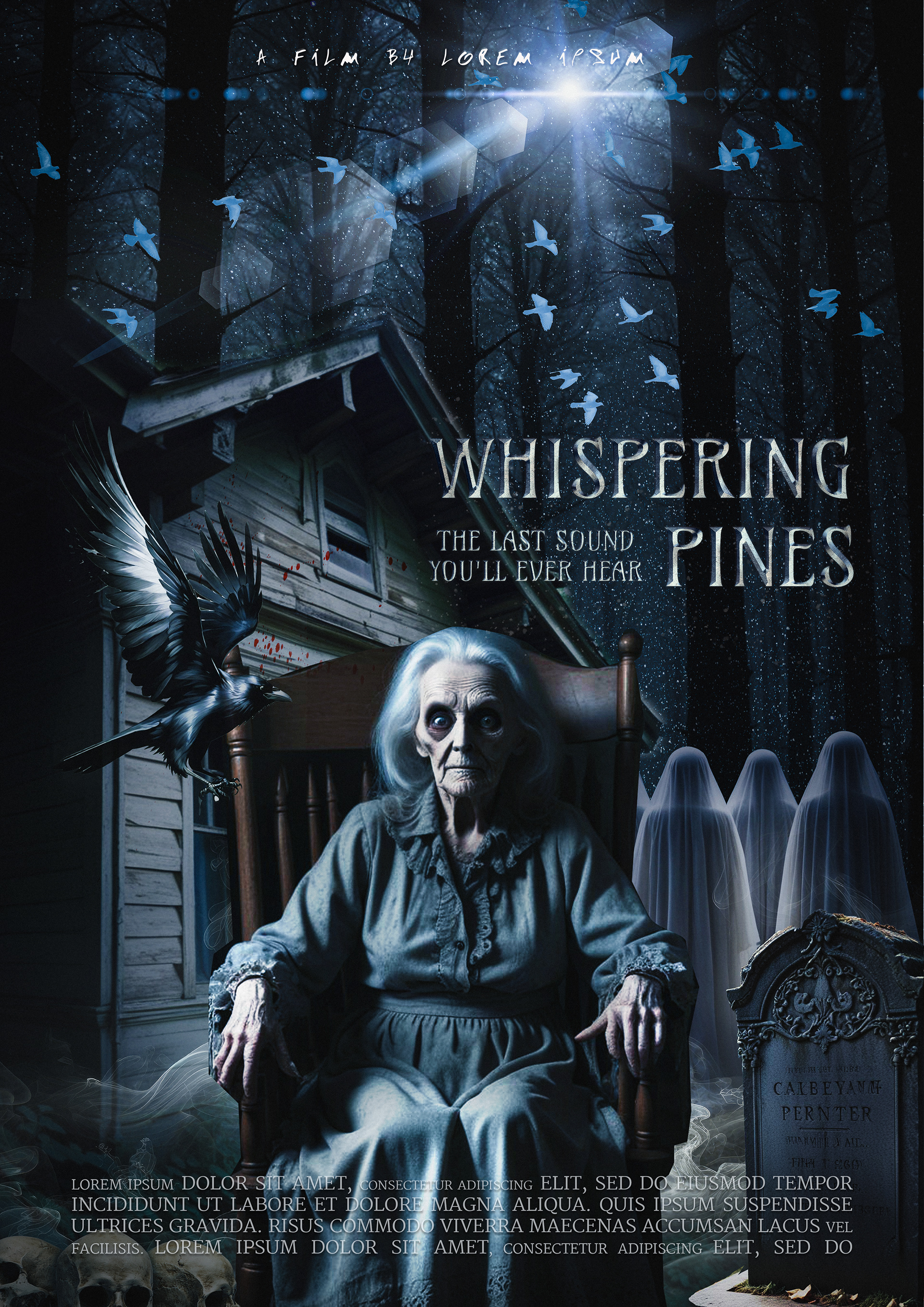 Horror movie poster for Whispering Pines, featuring a frail, ghostly old woman sitting eerily in a creaking rocking chair on the porch of a decaying cabin, her hollow eyes staring into the darkness. The dense, fog-drenched pine forest looms behind her, shadows twisting unnaturally in the dim moonlight. The wind seems to carry whispers through the trees, as the cabin’s windows flicker with an unsettling glow, hinting at the horrors that lie within.