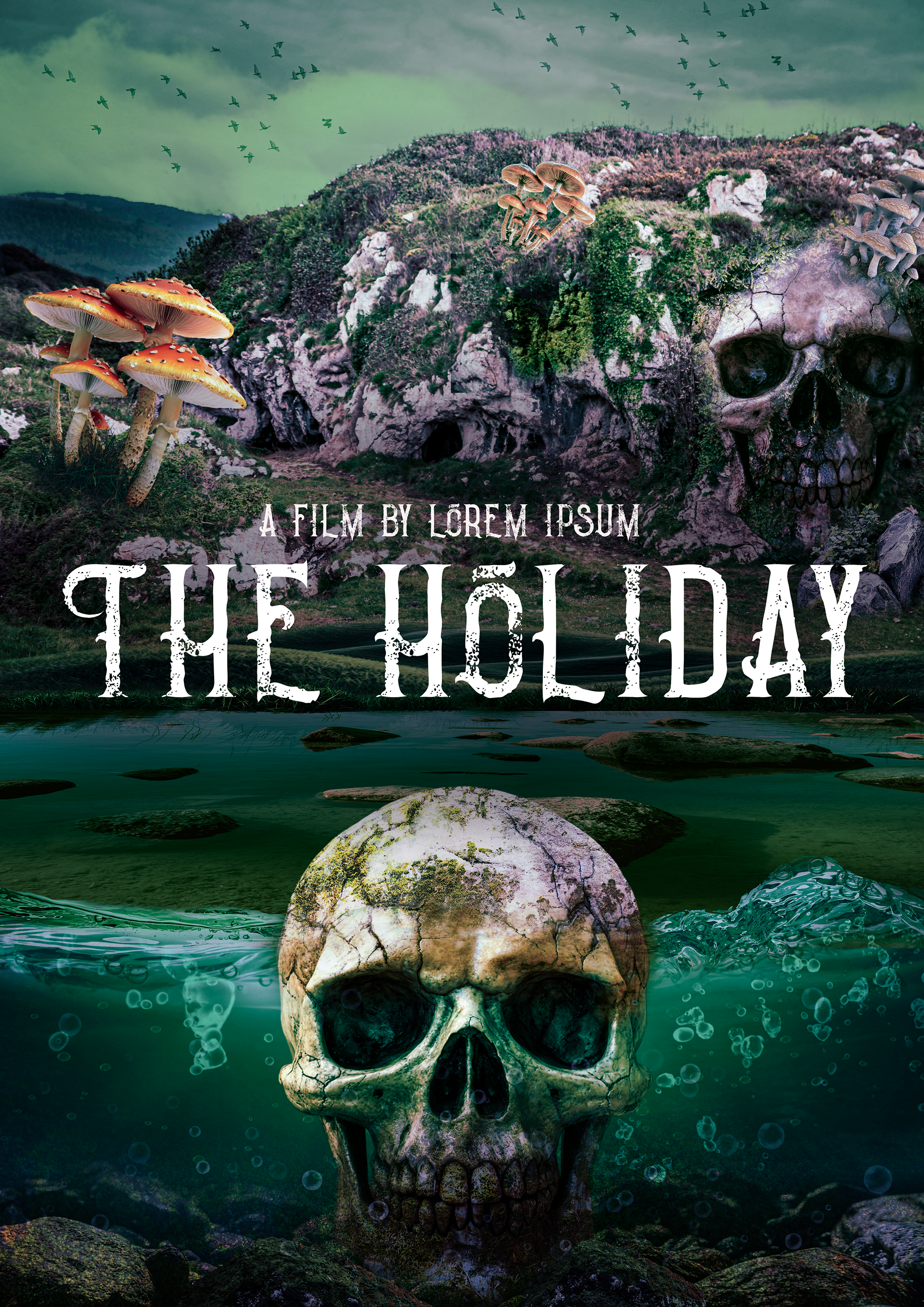 Horror movie poster for The Holiday, depicting a seemingly idyllic tropical island with dark storm clouds looming overhead, blood-stained shores, and eerie silhouettes of the dead lurking in the background, foreshadowing a deadly vacation gone wrong.