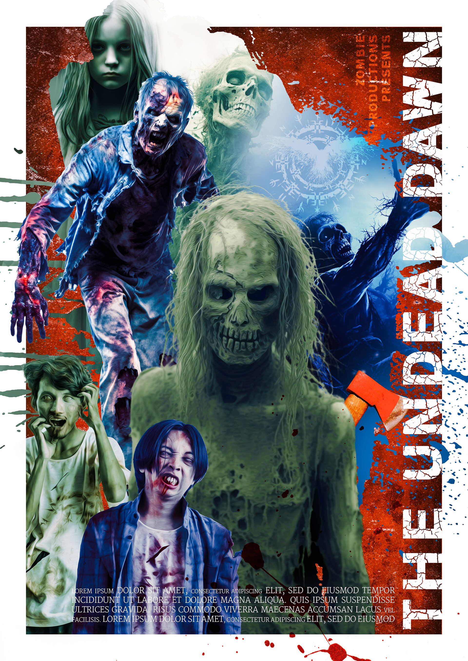 Horror movie poster for The Undead Dawn, featuring a gruesome horde of zombies in various states of decay, with rotting flesh, hollow eyes, and twisted expressions. A blood-soaked survivor screams in terror as the undead swarm around, while a menacing green-skinned zombie with a skeletal grin looms in the foreground. The background blends apocalyptic imagery with blood splatters, an ominous glowing symbol, and jagged, distressed typography, creating a chaotic and terrifying atmosphere.