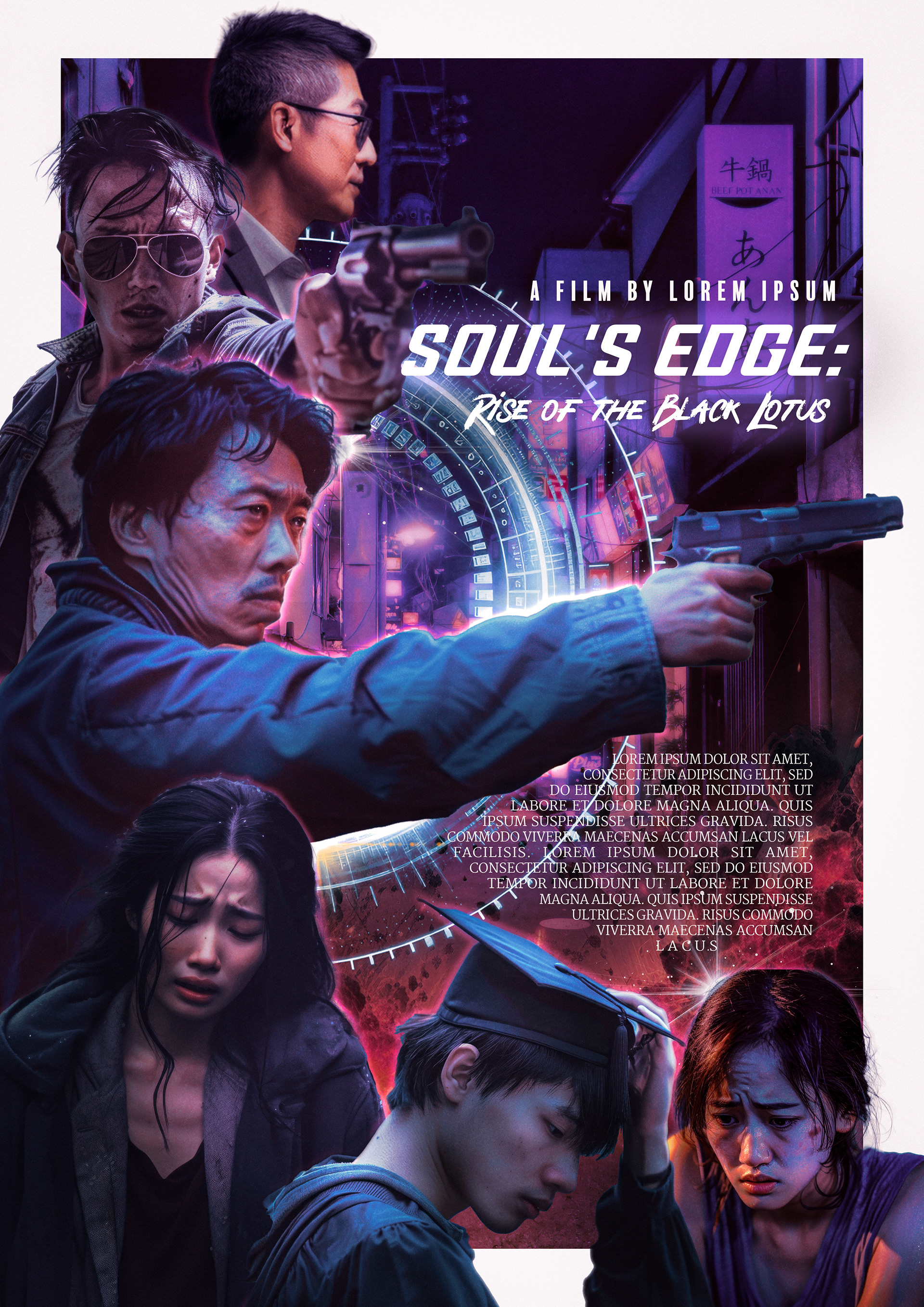 Key art for a high-octane Korean action film, featuring a lone protagonist standing on a rain-slicked city street, gripping a bloodied weapon, with neon lights reflecting off the pavement. Explosions and fast-moving cars blur in the background as masked assassins close in from the shadows, setting the stage for an intense, stylish, and cinematic showdown filled with adrenaline-fueled combat and masterful choreography.