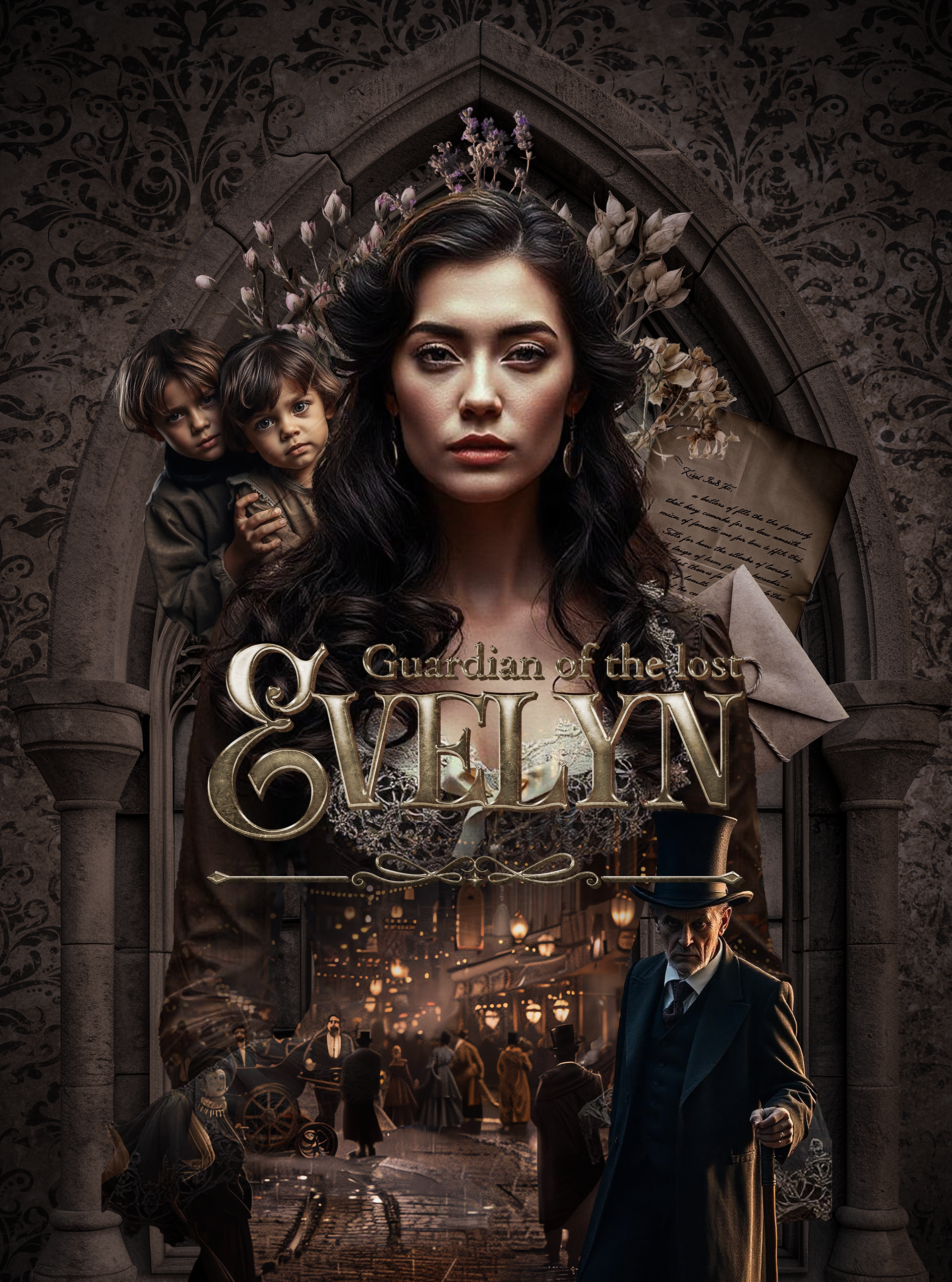 Key art for a historical adventure drama featuring a brave young girl in Victorian-era attire, standing determinedly in the foggy streets of London, clutching a lantern as she searches for missing children. Behind her, the shadows of a sinister figure lurk near a dimly lit alley, while lost posters flutter in the cold night air. Gas lamps cast a moody glow over cobblestone streets, setting the stage for a gripping tale of courage, mystery, and justice in a time of danger.